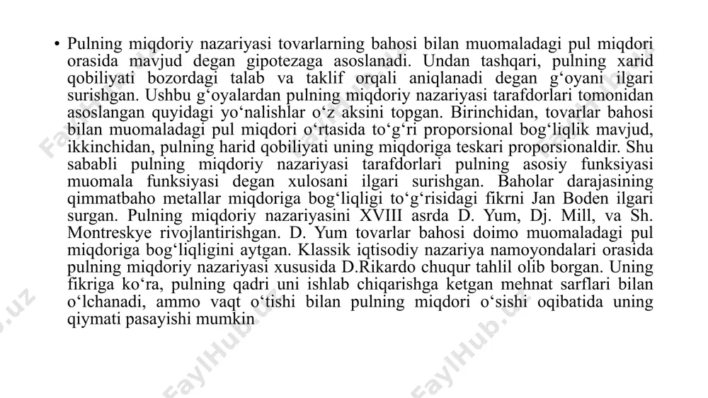 omonidan rivojlantirilgan. ushbu usul asosida almashuv tenglamasi yoki fisher formulasi yotib, u quyidagicha ifodalangan mv=pq. pulning tovar tabiatini inkor etish i.fisher nazariyasining uslubiy asosini tashkil etgan. u muomaladagi naqd pullar, pulning aylanish tezligi, baholarning o‘rtacha tortilgan darajasi, tovarlar miqdori, bank depozitlari va depozit-chek aylanish tezligi orqari aniqlanadigan pulning harid quvvatini tan olgan. i.fisher qisqa muddatli davrlar uchun ishlab chiqarish hajmi (q) va pul aylanishi tezligi (v) barqarorligi tufayli, pul massasi (m) va baholar (p) o‘rtasida to‘g‘ri proporsional bog‘liqlik mavjud deb xisoblagan. ariyasi ekanligini o‘zining ilmiy izlanishlarida e‘tirof etgan. shu jihatdan olganda, pullarga bo‘lgan talab konsepsiyasi monetarizmning asosiy qoidalaridan biri hisoblanadi. m. fridmenning pullarga talab nazariyasida pullarga bo‘lgan nominal talab nominal daromad va nominal foiz me‘yorining funktsiyalari sifatida ifodalanadi: md= f (yn, i), bunda: md — pullarga bo‘lgan nominal talab; yn — nominal daromad; i — nominal foiz me‘yori. inflyatsiyaning mоhiyati vа o’lchаnishi. inflyatsiya ( lоtinchа inflatio - shishish, bo’rtish, tаrаnglаshish) …