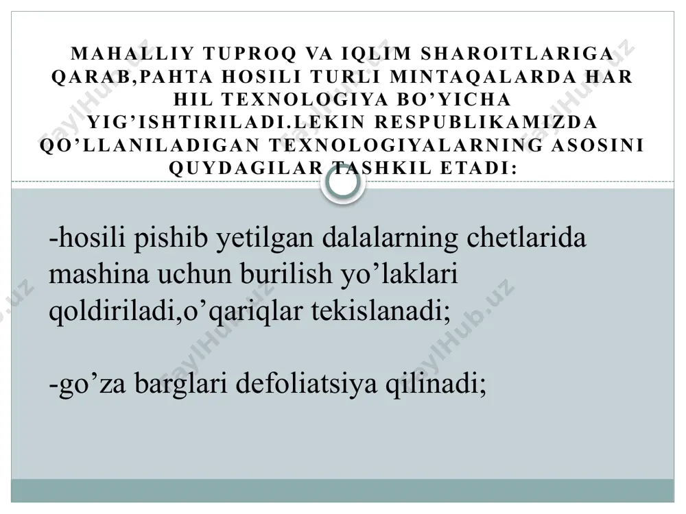 erish mashinasi gorizontal shpindelli paxta terish mashinasi shpindelli barabanlar, ajratkichlar, terilgan paxtani uzatish moslamasi, bunker kabi qismlardan iborat. bu mashinavertikal shpindelli mashinadan shpindelli barabani, ajratkichi vashpindellarini yuvib tozalash moslamasini tuzilishi bilan tubdan farq qiladi. mashinaning g’o’za teradigan qismlari maxsus to’skichlar bilan yopilgan bo’lib ochilgan paxtani to’kilishdan saqlaydi.g’o’za shoxlarini barabanlar oralig’iga uchun terish apparati shoxlarni ko’targich va yo’naltirgich bilan jixozlangan. mashinaning ishchi qismlariga traktorning quvvat olish validan tarqatish reduktori orqali harakat uzatiladi.terilgan paxta havo so’rish tizimiyordamida bunkerga o’tadi.bunker ag’darma tipda bo’lib, terilgan paxtani tirkama aravaga bo’shatadi. suv tizimi mashinaning shpindellarini yuvadi va bakka suv to’ldiradi. elektr jixozlari traktor yuritgichini ishga tushirish uning ishini nazorat qilish ,tungi smenada ish joyini mashina qism va mexanizmlarini yoritish uchun mo’ljallangan. mashinani boshqaruvchi barcha qismlar boshqaruv maydonchasiga o’rnatilgan. mashinaning texnologik ish jarayoni quydagicha mashina g’o’za qator oralarida harakatlanganida shox ko’targichning yo’naltiruvchi chiviqlari g’o’za tupini shpindelli barabanlar 3 orasiga(ish tirqishiga) yo’naltiriladi. barabanning aylanma tezligi mashinaning tezligidan katta …