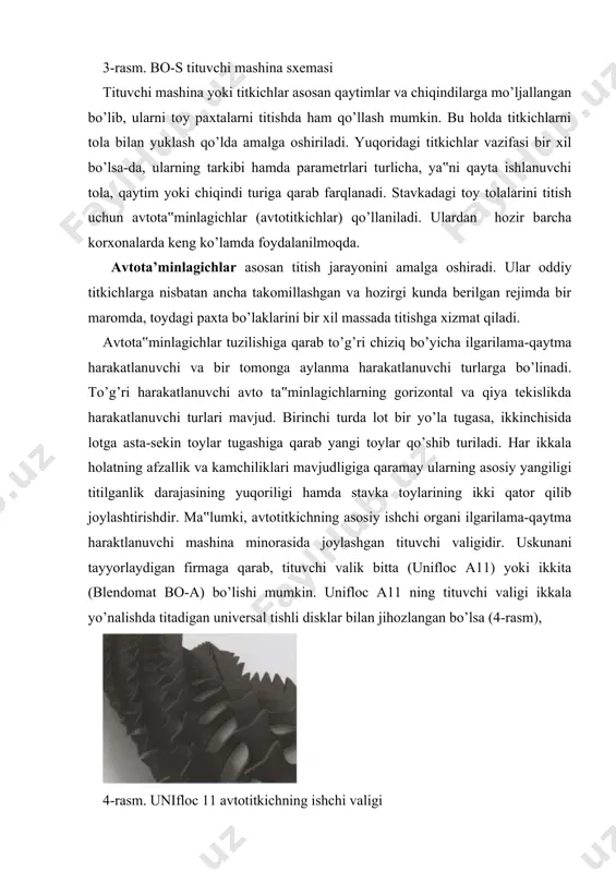 kuchi kattaligini o’zgarmas qilib ushlash kerak. bu masalani echish uchun so’ruvchi ventilyator avtotitkichdan keyingi mashinaga o’rnatilgan bo’lib, titilgan tolalarni bir xil kuchda so’rib transportirovka qilishi 9 rasmda ko’rsatilgan. 9-rasm. elektr quvvatini sp-mf qurilmasi yordamida tejash shunday qilib, titish jarayoni va uskunalar bo’yicha yangiliklar shulardan iborat. foydalanilgan adabiyotlar: 1. o’zbekiston respublikasi prezidentining 4 mart 2015 yildagi «2015-2019 yillar uchun tarkibiy islohotlar, modernizatsiya qilish va ishlab chiqarishni diversifikatsiya chora-tadbirlari dasturi to’g’risida» gi pq-4707 qarori; 2. www.rieter.com, mashina pasportlari; 3. www.truetzschler.com, mashina pasportlari; 4. www.marzoli.it, mashina pasportlari