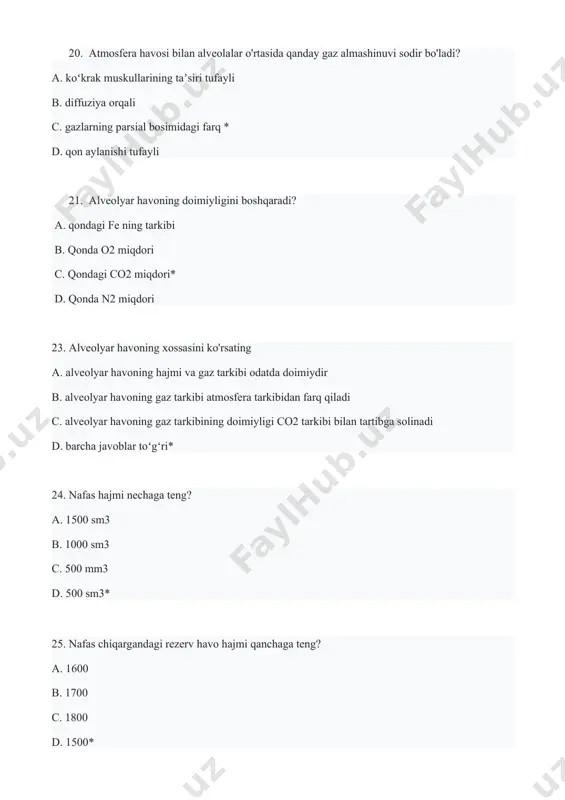 lastik tortilishi d. koʻkrak qafasining siqilishi, o'pkaning elastik tortilishi 58. nafas olish yo'llarida sovuq havo qanchalik issiqlanadi? a. 1-2 0c* b. 4-5 0c c. 3-5 0c d. 1-3 0c 59. nafas olish yo'llariga kiruvchi havo tozalanadi ... a. burun xalqumda turbulent jarayonida * b. alveolalarning uzluksiz ventilyatsiyasi jarayonida c. burunga suv tushishi jarayonida d. yoʻtalish jarayonida 60. refleksli ximoya reaksiyalari a. yo‘talish, aksirish* b. diffuziya c. nafas chiqarish d. nafas olish 61. o'pkada gaz almashinuvi quyidagilar bilan ta'minlanadi: a. qon oqimida ventilyatsiyaning susayishi b. alveolalarning doimiy ventilyatsiyasi* c. alveolalarni mahalliy ventilyatsiya qilish d. qisman bosimning qiymati 62. alveolyar - kapillyar to'siqning umumiy maydoni: a. 70 - 80 m²* b. 20 - 30 m² c. 40 - 50 m² d. 20 - 40 m² 63. o'pka kapillyarlaridagi qon miqdori: a. 100 - 150 ml* b. 200 - 300 ml c. 200 - 400 ml d. 300 - 400 ml 64. barer …