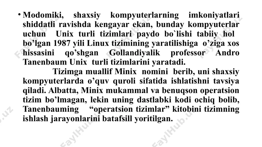 dunyoning har tomonidan yuzlab ochiq xat keladi. linuksning ishqibozlari yangi zellandiya, yaponiya, gollandiya, aqsh mamlakatlarida borligi ayon bo’ladi. linuks yadrosi barcha xoqlovchilarga gnu gpl litsenziyasi ostida tarqatilgani sababli, tizimning muxlislari keskin ravishda ko’payib boraveradi. loyihaning boshida linusga yuzlab, keyin minglab, keyinroq esa yuz minglab ko’ngilli yordamchilar tizimni yaxshilashga ko’mak bera boshlaydi. linuks gnu loyihasining doirasiga kirib, juda ko’p dasturlar bilan to`ldiriladi va xakerlar o’yinchoqidan amalda qo’llaniladigan jiddiy operatsion tizimga aylanadi. hozirgi kunlarda yangi operatsion tizimning nomi “gnu/linux” deb ham atalmoqda 1.3-rasm. linus benedikt torval’ds 1996 yil internetda bir necha linuks foydalanuvchilari yangi operatsion tizimning emblemasini (tamg`asini) tanlashni taklif qilishadi. maslahatlashish jarayonida torval’ds pingvinlarni yoqtirishini bildirganida bahslashuv to`xtatalib, faqat pingvin hayvonining tasvirlari tanlovda qoldiriladi. linus xohishi bo`yicha emblemada pingvincha qorni to`q va baxtli ko`rinishda bo`lishi kerak. texas shtati universitetining ilmiy xodimi larri ivingning (larry ewing) grafikasi tanlov g`olibi deb topilgan. tasvir yaratilishi haqida batafsil ma`lumot olish uchun internetning quyidagi sahifasini tafsiya …