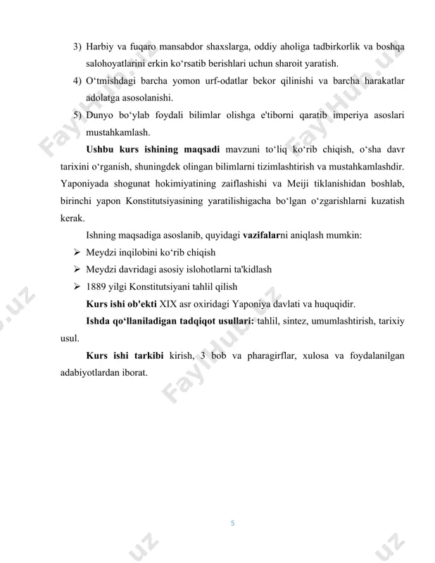 izm – syogunning dini imperatorni ilohiylashtiruvchi yaponlarning qadimiy dini – sintoga qarama-qarshi qo‘yildi. samuraylarning uzoqni ko‘ra bilgan doiralari yaponlarni tashqi xavfga qarshi birlashtira oladigan yagona tayanch – bu imperator taxti, imperator shaxsi ekanligini tushunib etgandilar. yaponiyada aynan shu vaqtda “tennoizm” vujudga kelganligi ham bejiz emas edi. tennoizmning joriy qilinishi yaponlarning din erkinligi an’analarini to‘g‘ridan-to‘g‘ri buzishni anglatardi, chunki yaponlar, ma’lumki, turli dinlarning xudolariga sig‘inardilar.[footnoteref:2] [2: jukov a. e. "yaponiya tarixi", 2-jild, 2018 yil.-b.98] hukmron doiralar tennoizmdan xalq ommasini mafkuraviy bo‘ysundirish quroli sifatida foydalanganlar. tennoizm nafaqat yaponiyaning milliy vazifalarini hal qilishga, balki yaponiyaning keyingi agressiv tashqi siyosatiga ham xizmat qilgan. yaponiyada 1868-yilgi davlat to‘ntarishi tinch yo‘l bilan, qon to‘kilmasdan amalga oshirildi. “guruch isyonlari” deb nom olgan dehqonlarning chiqishlari 1866-yildayoq tinchib qolgan edi. xalqning 1867-1868 yillardagi norozilik chiqishlari yaponiya uchun an’anaviy xarakterdagi diniy marosimlarga oid namoyishlar va turli raqs o‘yinlari edi. bunday chiqishlar ko‘pincha hukmron doiralar tomonidan go‘yoki “ikkita xalq noroziligini chiqarish” uchun …