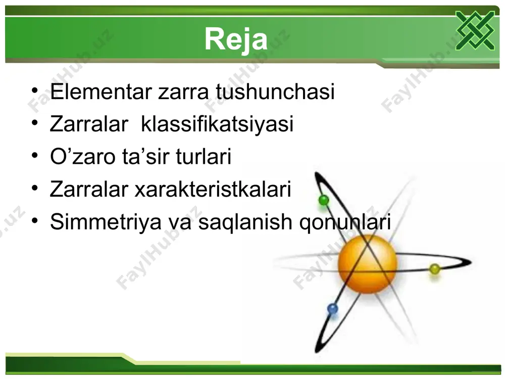 iborat. bu tasdiq yadroning proton — neytron modelining mazmunini tashkil qiladi (1932 yili d.ivanenko va ye.gapon tomonidan taklif qilingan). bungacha esa yadroning proton — elektron modeli mavjud bo’lib, unga ko’ra yadro ap+(a – z)e-=(2a – z) zarradan iborat deb qaralgan. elektronlarning qobiqlardagi bog’lanish energiyasi ev larda, proton va neytronlarning bog’lanish energiyasi mev larda o’lchanadi. shu sababli atom yadrolari turg’un tuzilmadir. atom tuzilishi va uning xususiyatlarini o’rganish natijasida atomni tashkil qilgan tarkibiy qismlar ham o’rganila borildi. elektronning ochilishi 1897 yil bilan belgilanib, uni j. tomsonning katod nurlarining q/m solishtirma zaryadini o’lchash tajribasi bilan bog’lashadi. lekin elektronning mavjudligi 1911 yili r.millikenning uning zaryadini o’lchashi bilan to’la tasdiqlandi. foton atom tarkibiga kirmaydi va atomdagi elektron o’tishlarda hosil bo’ladi yoki yutiladi. foton m. plank tomonidan fanga kiritilgan va a.kompton tajribalaridan keyingina elementar zarracha sifatida qabul qilindi. m. plank jismlarning issiqlik nurlatish xususiyatini o’rganish natijasida ularning yorug’likni uzluksiz emas, balki diskret, ya’ni porsiyalar — e=hv …