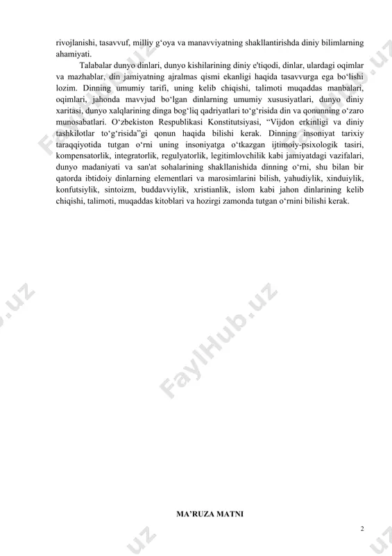 slik” fanidan quyidagilarni puxta o‘zlashtirishlari lozim: jahon dinlari to‘g‘risida tushuncha, jahon dinlari turlari, buddizmning paydo bo‘lishi va uning mohiyati, buddizm dinidagi asosiy g‘oyalar, xristianlik, uning paydo bo‘lishiga sabab bo‘luvchi omillari, xristianlik dinining turli oqimlarga bo‘linib ketishi va uning davvlat diniga aylanishi, islom dini, islom dini paydo bo‘lishi davvridagi tarixiy, ijtimoiy va iqtisodiy sharoitlarda, islom dini shakllanishi arafasida arab dinlari, qadimgi arabistonga tashqi dinlarning kirib kelishi, islom dinining jamiyat va inson hayotida tub burilish yasaganligi, yakkaxudolikka davvat, hijratgacha bo‘lgan davvrda islomning rivojlanishi, hijratning amalga oshirilishi, islom davvlatining qurilishi, islom qadriyatlari, manavviyati va marifati, milliy va diniy qadriyatlar uyg‘unligi, qur’on va uning shakllantirilishi, islomdagi oqimlar va mazhablarning mintaqa manavviyatidagi o‘rni, islomning rivojlanish xususiyatlari, islomdagi diniy-axloqiy va huquqiy normalar, ularning mazmuni xususiyatlari, komil insonni tarbiyalashda diniy asarlarning roli, markaziy osiyoda islom manavviyatining rivojlanishi, tasavvuf, milliy g‘oya va manavviyatning shakllantirishda diniy bilimlarning ahamiyati. talabalar dunyo dinlari, dunyo kishilarining diniy e'tiqodi, dinlar, ulardagi oqimlar va …