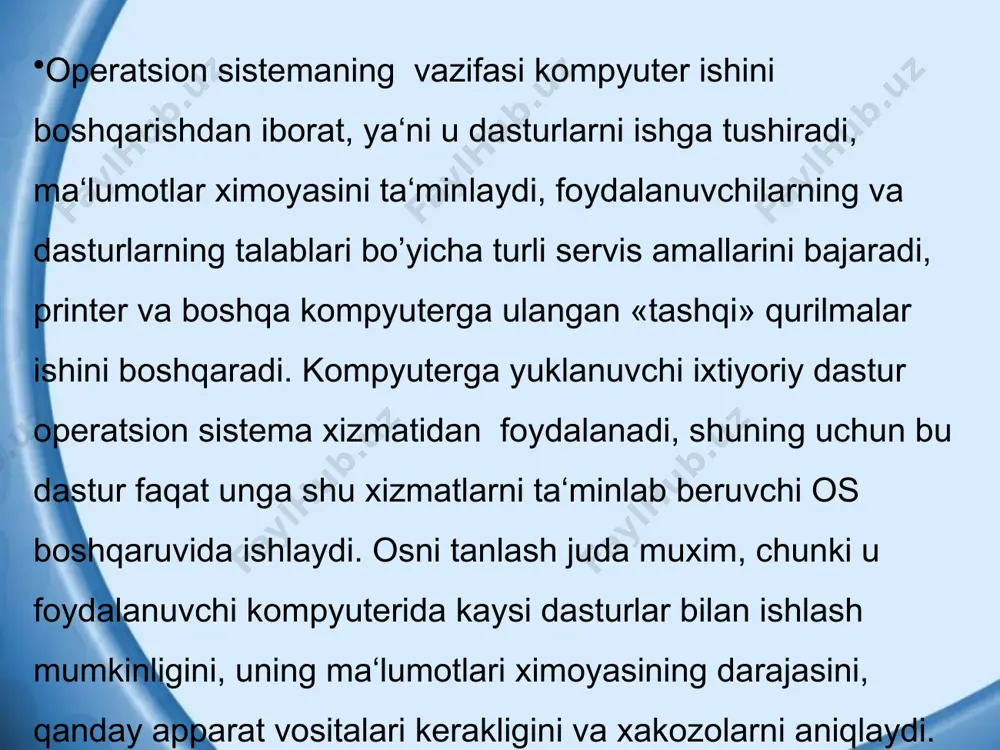 da ham ishlash uchun kerak bo'lgan ma‘lumotlar joylashtiriladi. ish stoli har doim foydalanuvchi tomonidan o'zgartirib turilishi mumkin. u foydalanuvchi ko'p ishlatadigan programmalarni joylashtirish uchun ko'llaniladi. windows ish stolining elementlar yigindisi kompyuterning sozlovchilari bilan bog’liq. windowsda ko'plab elementlarni yodda saqlash, ajratib olish va ular bilan ishlash oson bo'lishi uchun piktogrammalar deb ataluvchi mos rasmchalar ko'yiladi. ularni ko'pincha ikonalar (timsollar) deb ham ataydilar. mualliflar programmalar uchun ularning moxiyatini ifodalab beruvchi maxsus rasmchalar tayyorlaydilar. xujjat fayllari uchun piktogramma sifatida o'sha hujjat tuzilgan programmaning belgisi ko'rsatiladi. www.arxiv.uz ish stolida quyildagi elementlar joylashishi mumkin: papkalar (sistemaning va foydalanuvchining papkalari); hujjat va programma fayllari; qurilmalar, papkalar va fayllar uchun yorliklar; birok, odatda ekranda ko'prok xollarda sistema papkalari va ko'p murojaat qilinadigan ob‘ektlarning yerliklari joylashgan bo'ladi. sistema papkalari -windows xp os tomonidan tashqil etilgan papkalardir. sistema papkalariga quyildagilar kiradi: moy kompyuter (mening kompyuterim). bu papka siz ishlayotgan kompyuterning obrazi bo'lib, uning yordamida siz kompyuter resurslariga (ya‘ni, qattiq, …