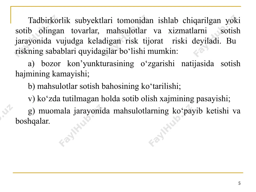 ona, kompaniya, firma va tashkilotlar chiqargan aktsiya va obligatsiyalar, qimmatbaho zayomlar va boshqa pul oqimlaridan tashkil topadi. * fond riski aktsiya narxlarining o‘zgarishi bilan bog‘liq. bu xalqaro moliyaviy bozor ishtirokchisiga tegishli bo‘lgan qimmatli qog‘ozlar narxlarining pasayishi bilan, shuningdek hosilaviy vositalar uchun asosiy aktiv bo‘lib xizmat qiladigan yoki tarkibiy moliyaviy vositalarning bir qismi bo‘lgan qimmatli qog‘ozlar narxlarining o‘zgarishi bilan bog‘liq bo‘lishi mumkin. zamonaviy jahon moliya tizimida qimmatli qog‘ozlar bozorining o‘sib borayotgan roli ushbu riskning bozor ishtirokchilari uchun ahamiyatini oshishiga olib keldi. 2007-2009 yillarda global moliyaviy inqiroz davrida bir qator yirik banklar o‘zlarining qarz oluvchilarning to‘lovga qodir bo‘lmaganligi va qimmatli qog‘ozlar portfellarining qadrsizlanishi sababli katta yo‘qotishlarga duch kelishdi. * makroiqtisodiy risk valyuta kurslari va foiz stavkalari dinamikasi jahon iqtisodiyotining ayrim tarmoqlarining holatiga, ushbu tarmoqlar bilan bog‘liq kompaniyalar va banklarning moliyaviy ahvoliga ta’sir ko‘rsatishi bilan bog‘liq. makroiqtisodiy valyuta riskining yorqin misoli 1998 yilda rossiyada rubl keskin pasayishi natijasidagi inqirozli holatdir. natijada, import qilinadigan …