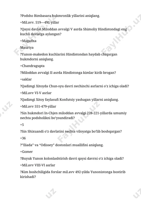 еtishi sodir bo’ladi? +x-xi asrlar ?o’rta asrlarda qaysi davlatda “talya” nomli soliq joriy etilgan? +fransiya ? o’rta asrlarda fransiyada erkin dehqonlar qanday nomlangan? +villan ?ummaviylar davrida xalifalik poytaxti qaysi shahar bo’lgan? +damashq ?arab xalifaligi davrida qaysi hududda sug’oriladigan yerlar kam bo’lganligi tufayli o’sha hudud chorvachilikka ixtisoslashtirilgan? +najd ?qaysi arab xalifasi 644-656-yillarda xalifalikni boshqargan? +usmon ? ummaviy oxirgi shahzodaning ismini aniqlang. +abdurahmon ? britaniya hududida vi asr oxiri vii asr boshlariga kеlib, bir qancha angl-saks qirolliklari tashkil etilgan bo’lib, shulardan orolning shimolida tashkil etilgan qirollikni aniqlang. +nortumbriya ?muqaddas rim imperiyasi asoschisini aniqlang. +otton i ?933-yilda vengerlar ustidan g’alaba qilgan german qirolini aniqlang. +genrix i ?qachondan boshlab yaponiyada barcha yer davlat mulki deb e’lon qilingan? +646 yil ? qaysi dehli sultoni “iskandar zulqarnaynning davomchisi” nomiga sazovor bo’lgan? +muhammad tug‘luq ?”shohnoma” asari kimning qalamiga mansub? +abulqosim firdavsiy ?quddusdagi umar masjidi nechinchi yilda barpo etilgan? +688-yil ?xitoyda tan sulolasi qachon tugatilgan? +907-yil ?fransiyada sud-ma’muriy …