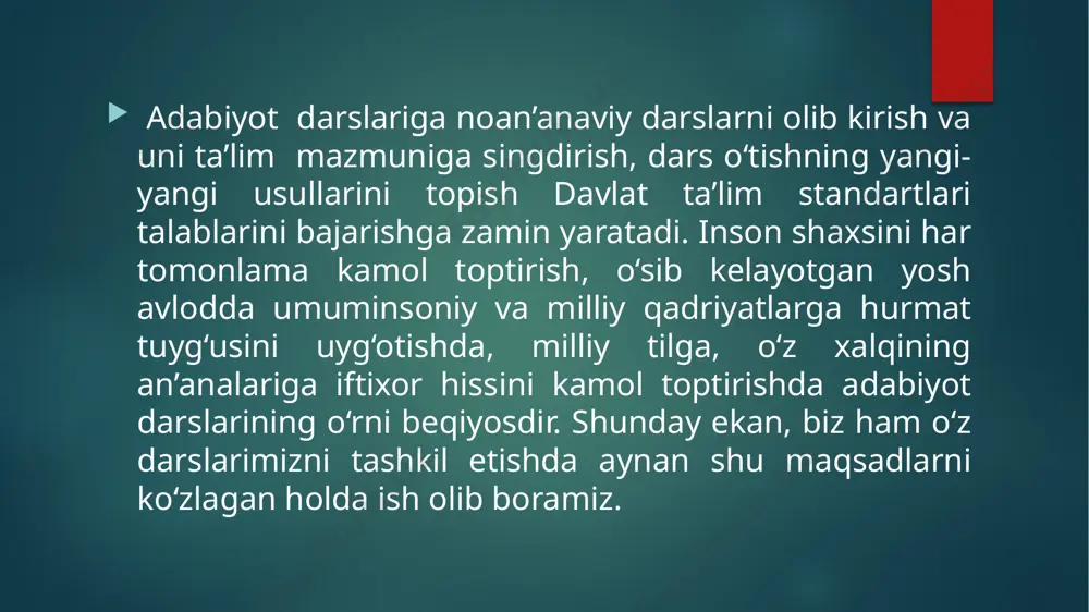 , uning mazmunini qisqacha yozib olishdan, annotatsiya yozish va parcha, epigraflar tanlashdan iborat bo'ladi. adabiyot fanini o‘qitishda o‘qituvchining pedagogik mahorati ham o‘ziga xos ahamiyatga ega. chunki u ta’limning eng samarali usullaridan oqilona foydalansagina ko‘zlagan maqsadiga erishishi mumkin. maqsadga erishish ko‘p jihatdan o‘qituvchining shaxsiy fazilatlariga ham bog‘liqdir. o‘qituvchi darsga tayyorlanar ekan, har bir guruhga mos keladigan usul tanlamog‘i lozim. hatto, bir o‘qituvchi bir xil usulda ikki xil guruhda dars o‘tib ham bir xil natijaga erisha olmaydi. chunki, har xil xarakterli o‘quvchilarni bir xil usul bilan o‘qitib bir xil natijaga erishish mumkin emas. buning uchun guruh o‘quvchilarining o‘ziga xos xususiyatlarini bilib, ularning nimalarga qodirligini aniqlab dars boshlash yaxshi natija beradi. foydalanilgan adabiyotlar: 1.yusupova f. i. o‘quvchilar individual tayyorgarligini amalga oshirishning pedagogik-psixologik jihatlari. "xalq ta’limi" jurnali. 2005. №5. 90-93-b.. 2.5-sinf adabiyot darslik. 2020-yil, 188-190-betlar image6.jpeg image7.emf image2.png image3.png image4.png image5.png «bumerang»texnologiyasi o‘quvchilar«bumerang» texnologiyasidan foydalanib jadvalga joylashtiradilar “vatannisuymak” matniningmazmuninitahlilqilinadi. vatan.harbirkishiningtug‘ulubo‘skanshaharvamamlakatinishulkishiningvatanideyilur. hattobuvatanhissi-tuyg‘usihayvonlardahambor. bizturkistonlilaro‘zvatanimiznijonimizdanortuqsuydig‘imizkabi,arablararabistonlarini,qumlik,issig‘cho‘llarini,eskimo‘larshimoltaraflarini,engsovuqqorvamuzlikyerlariniboshqayerlardanziyodasuyarlar /docprops/thumbnail.jpeg слайд …