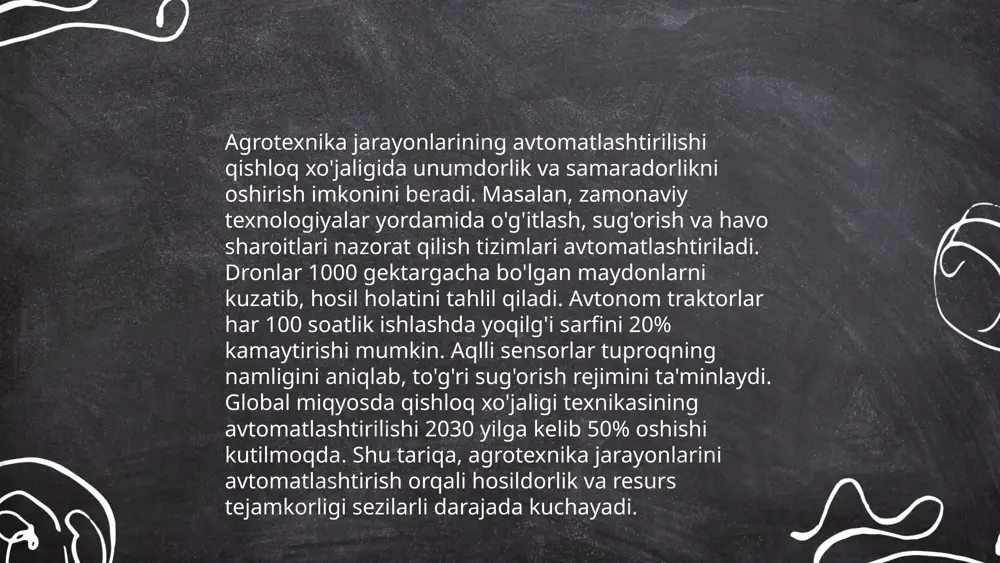 o‘l bilan, fermerlar resurslarni samarali foydalanib, daromadni 15% ga o‘stirishga erishadilar. ... t.me/slaydai_bot gps tizimlari qishloq xo‘jaligi texnikalarini boshqarishda samaradorlikni oshiradi. gps yordamida traktorlar va kombaynlar aniq yo‘nalishlarni saqlab, yoqilg‘i sarfini 10-15% gacha qisqartiradi. shu bilan birga, urug‘ va o‘g‘itlar 5-10% tejamkorlik bilan qo‘llanilishi mumkin. gps texnologiyasi aniq joylashuv imkoniyatlarini ta’minlagani uchun yerni takroriy ishlov berishni kamaytirib, unumdorlikni 20% gacha oshiradi. bu usul 1000 gektarli fermer xo‘jaligida yillik 30 ming dollar tejamkorlikka erishishga yordam beradi. zamonaviy gps tizimlari har yili ko‘plab fermer uchun ishlab chiqarish xarajatlarini kamaytiradi va hosildorlikni oshirish imkonini beradi. ... t.me/slaydai_bot 10. xavfsizlik va kuzatuv tizimlari qishloq xo‘jaligida qishloq xo‘jaligida xavfsizlik va kuzatuv tizimlari samaradorlikni oshirish va yo‘qotishlarni kamaytirish uchun faol qo‘llaniladi. statistik ma’lumotlarga ko‘ra, 2022-yilda o‘zbekistonning ayrim viloyatlarida qishloq xo‘jaligi maydonlarining 35% ga kuzatuv kameralar o‘rnatilgan. ushbu texnologiyalar yordamida hosilni o‘g‘irlikdan himoya qilish, suv iste’molini optimallashtirish va nojo‘ya hodisalarni aniqlash imkoniyati mavjud. so‘nggi yillarda gps va …