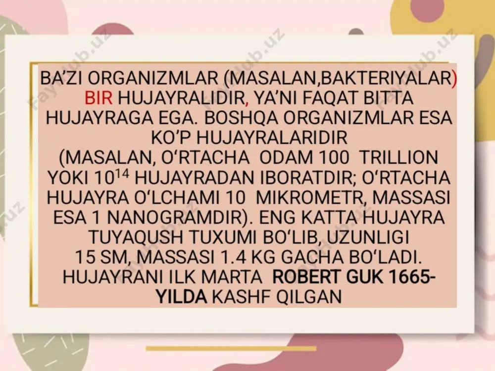 a hujayra tuzilishi savol: quyidagilardan qaysi biri barcha tirik organizmlarga xos xususiyat emas? a) moddalar almashinuvi b) harakatlanish c) ko‘payish d) irsiyat to‘g‘ri javob: b) harakatlanish (faqat hayvonlar va ba’zi birga hujayralilar uchun xos). --- 2. o‘simliklarning fotosintezi savol: fotosintez jarayonida o‘simliklar qaysi moddalardan kislorod ajratib chiqaradi? a) co₂ b) h₂o c) o₂ d) n₂ to‘g‘ri javob: b) h₂o (fotosintez natijasida suvning parchalanishi natijasida kislorod ajraladi). --- 3. hayvonot olamining xilma-xilligi savol: quyidagilardan qaysi biri umurtqasiz hayvonlar guruhiga kiradi? a) baliq b) amfibiyalar c) qisqichbaqasimonlar d) sudralib yuruvchilar to‘g‘ri javob: c) qisqichbaqasimonlar (ular umurtqasiz bo‘lib, hasharotlar va mollyuskalar bilan bir guruhga kiradi). test 4. mikroorganizmlar va odam salomatligi savol: quyidagilardan qaysi biri viruslarga xos xususiyat emas? a) faqat tirik hujayralar ichida ko‘payishi b) o‘z genetik materiali bo‘lishi c) avtonom ravishda oziq moddalar sintez qilishi d) parazitlik yo‘li bilan yashashi to‘g‘ri javob: c) avtonom ravishda oziq moddalar sintez qilishi (viruslar bunday …
