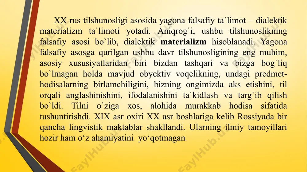 dinand de sossyur til va nutq deb nomlaydi. 4. nihoyat, i.a. buduen de kurtenening lingvistikaning borgan sari aniq fanlarga yaqinlashayotganini, lingvistikada matematikadagi miqdoriy deduktiv (umumiylikdan xususiylikka boruvchi) metoddan foydalanish mumkinligini oldinga surdi. v.a.bogoroditskiy boduenning talanti va har taraflama bilimli shogirdi v.a. bogoroditskiy qozon maktabiga xos bo`lgan umumiy nazariy yo`nalishni saqlagan holda, uni yana ham rivojlantirdi, ayrim masalalarni aniqladi. v.a. bogoroditskiyning asosiy asarlari shular: “rus tilida urg`usiz unlilar”, “rus tili grammatikasidan umumiy kurs”, “tilshunoslik va rus tili bo`yicha ocherklar”, “eksperimental ma`lumotlarga ko`ra rus tilining fonetikasi”, “umumiy tilshunoslik bo`yicha leksiyalar”, “oriy-yevropa tillarining qiyosiy grammatikasi” va boshqalar. uning turkiy tillarga bag`ishlangan asarlari ham diqqatga sazovordir. bular: “tatar va turkiy tilshunoslik bo`yicha etyudlar”, “boshqa turkiy tillar bilan bog`liq ravishda tatar tilshunosligiga kirish”, “tatar tilshunosligining ilmiy vazifalari haqida” va boshqalar. v.a. bogoroditskiy eksperimental fonetikaga asos soluvchilardan biri bo`lib, u qozon universiteti qoshida rossiyada birinchi marta fonetik laboratoriya tashkil qildi. peterburg maktabi xix asr boshlarida peterburgda …