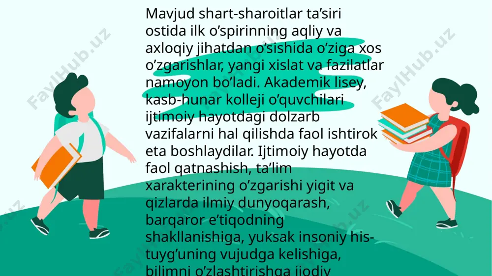 ni topishga intilish kasb-hunar egallash, ixtisoslikni tanlash, istiqbol rejasini tuzish, kelajakka jiddiy munosabatda bo’lishni keltirib chiqaradi. biroq bu davr kuch-g’ayrat, shijoat, qahramonlik ko’rsatishga urinish, jamoat, jamiyat va tabiat hodisalariga romantik munosabatda bo’lish bilan boshqa yosh davrlaridan keskin farqlanadi. eʼtiboringiz uchun tashakkur image1.png image2.png image3.png image4.png image5.png image6.jpeg image7.png image8.jpeg image9.jpeg image10.jpeg image11.jpeg