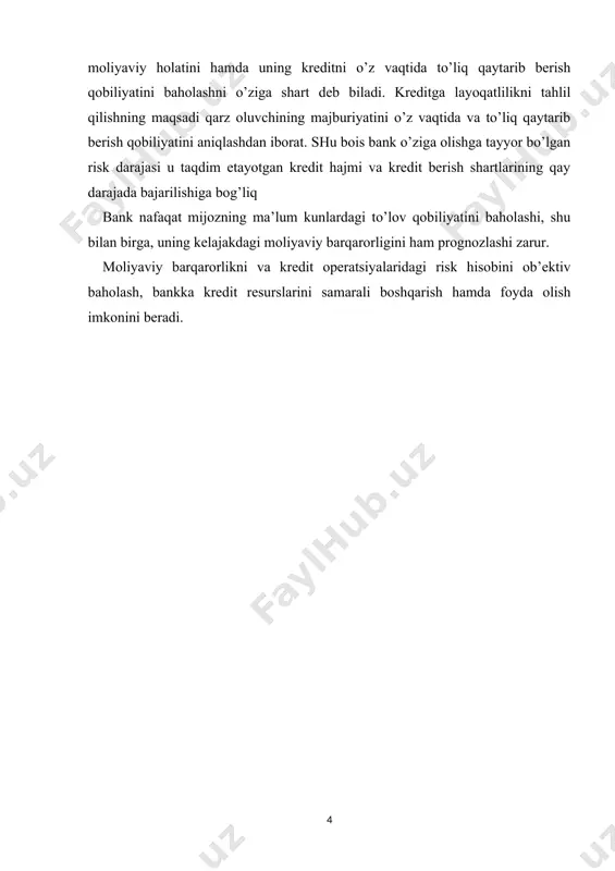 dit arizasi bilan keladi. ko’pgina davlatlarda nufuzli banklar kredit arizasi bilan birga bir necha hujjatlarni ko’rib chiqadi, bularga: qarz oluvchi kompaniya (korxona) ta’sis hujjatlarining notarial tasdiqlangan nusxasi; moliyaviy hisobot, korxona balansi va oxirgi uch yil uchun foyda va zarar hisobotini o’z ichiga oladi. balans yil oxirigacha tuzilib, unda aktivlar, majburiyatlar va kapital tuzilmasi ko’rsatiladi. foyda va zarar schyoti bir yillik vaqtni o’z ichiga oladi va kompaniya daromadi va harajatlari, sof daromadi, uning rezervga taqsimlanishi va chegirmalar, dividend to’lovlari va h.k.lar to’g’risida batafsil ma’lumot beriladi. kassa tushumlari va harakati to’g’risida hisobot. u ikki hisobot muddatida tuzilgan balanslarning solishtirilishiga asoslan - gandir va u har xil bo’limlar va fondlar harakatida bo’ladigan o’zgarishlarni ko’rishga yordam beradi. hisobot resurslari defitsitini, ishlatilishini, foizlar uchun mablag’lar bo’shash vaqti va kassa tushumlarining defitsitini yuzaga kelishi va h.k. ning umumiy holatini ko’rishga yordam beradi. ichki moliya hisoboti. bu hisobot kompaniya moliyaviy holati, 1 yil, kvartal yoki oy davomida …