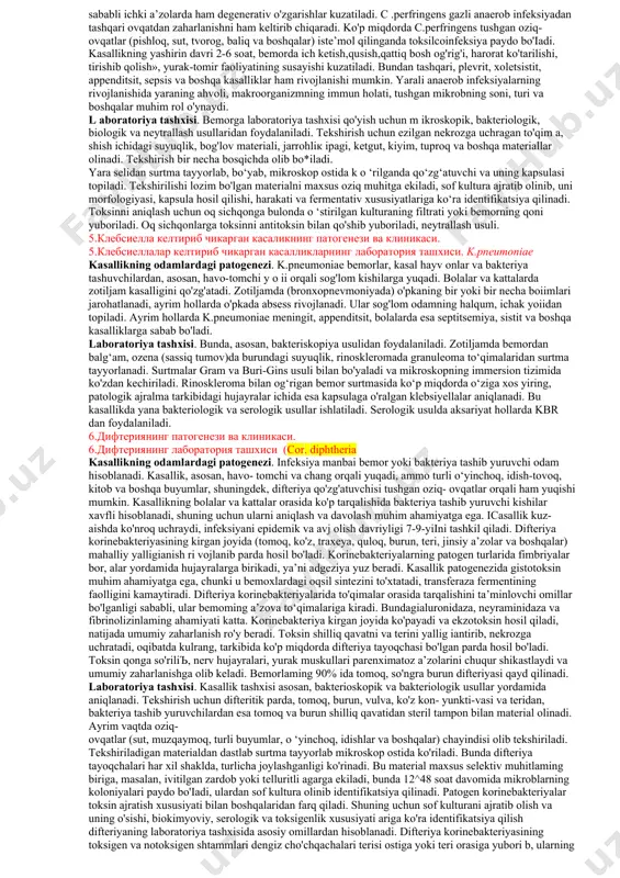 ziya vazifasini ularning hujayra devoridagi lipoteyxoyeva kislotasi bilan oqsillari bajaradi. adgeziyadan so'ng patogen mikroblaming to'qimalardagi kolonizatsiyasi boshlanadi. streptokokklaming to'qimalardagi himoya omillarini (birinchi navbatda fagositoz qiluvchi hujayralardan) yengishda quyidagilarning ahamiyati juda katta: a) antixemotoksik omil; b) a va в guruh streptokokklardagi kapsula; d) bakteriyalarning m-oqsili -fagositar reaksiyaga qarshilik ko‘rsatish xususiyatiga ega, bundan tashqari, bu omil mikroblami makroorganizm hujayrasi ichiga kirishini va u yerda ko'payishini ta’minlaydi. odamlarda ko'pincha /3 -gemolitik (a guruhdagi) streptokokklar kasallik qo'zg'atadi. infeksiya bemor yoki kasal hayvonlardan, streptokokklar tushgan ovqat mahsulotlari va buyumlardan, jarohatlangan teri, shilliq qavatlar orqali organizmga tushadi, ammo streptokokklar, asosan, havo- tomchi yo'li orqali yuqadi. odam organizmining mikroorganizmlarga qarshi tabiiy qarshiligi susayganda undagi shartli-patogen streptokokklar ko'payib kasallikni keltirib chiqaradi. bunda turli a’zolar: teri, yuqori nafas yo'llari, o'pka, buyrak va boshqalar jarohatlanadi. natijada streptodermiya, otit, abssess, flegmona, sistit, piyelit. glomerulonefrit, xoletsistit, peritonit, faringit va boshqa kasalliklar kelib chiqadi. streptokokk infeksiyalari yiringli va yiringsiz jarayonlami yuzaga keltiradi. yiringli …