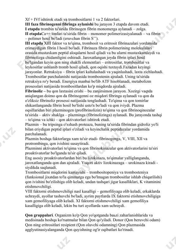 k etadi – tashqi (to'qima) va ichki (qon ). tashqi sistemada to'qima tromboplastini orqali ishga to'shiriladi, bu atrofdagi to'qimadan va tomirlar devoridan -fosfolipidlar va boshqa faktorlar ajraladi. ichki sistemada fosfolipidlar va faktorlar qon ni o'zidan ajraladi. i fazada to'qima, trombositar va eritrositar protrombinaza hosil bo'ladi, trombositar va eritrositar protrominazalarni qon protrombinazasi deb atashadi. to'qima protrombinazasini hosil bo'lishi 5-10 sek davom etadi, qon protrombinazasini 5-10 min. to'qima protrombinazasi hosil bo'lishida vii faktor – кonvertin + iv faktor ca++ ionlari + x faktor – styuart prauer faktori ishtirok etadi. qon protrombinazasi xii – xageman faktorini aktivlanishidan boshlanadi. qon da antifaktor ta'sirida noaktiv xolda bo'ladi. antifaktor xii va xi faktorlar aktivlanadi va kontakt faktori hosil bo'ladi – bu reaksiya eng o'zoq davom etadigan 5-7 min davom etadi. kontakt faktori viii va ix faktori (antigemofilin a va v) + ca++ ionlari (iv faktor) kalьsiy kompleksini hosil qiladi. x faktor aktivlanadi + v faktor qon …