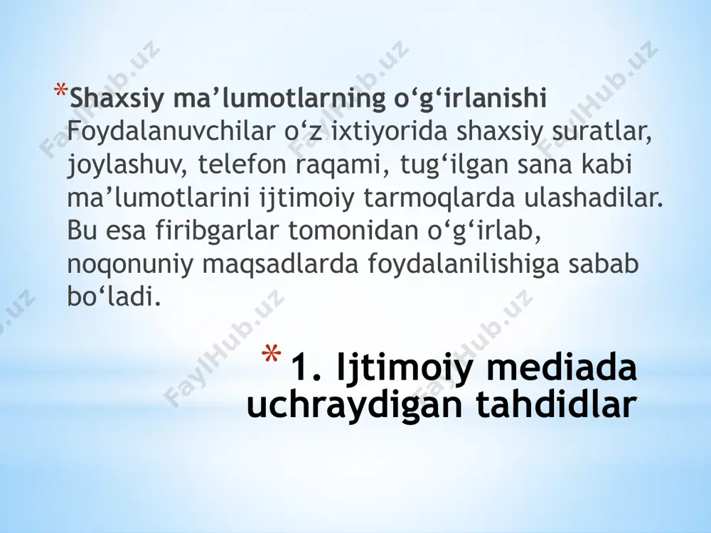 kiberhujumlar, psixologik bosimlar, feyk yangiliklar kabi holatlar foydalanuvchilarning ruhiy va moddiy hayotiga salbiy ta’sir ko‘rsatmoqda. shu sababli, har bir inson ijtimoiy tarmoqlardan foydalanishda ehtiyotkor, ongli va mas’uliyatli bo‘lishi zarur. axborot xavfsizligini ta’minlash va salbiy oqibatlarning oldini olish uchun digital savodxonlikni oshirish bugungi kunning muhim vazifasidir. xulosa: e’tiboringiz uchun rahmat! image9.jpeg image10.jpeg image11.jpeg image12.jpeg image13.jpeg image14.jpeg image15.png image16.png image17.jpeg image18.jpeg image19.jpeg image20.png image21.jpeg image22.jpeg image23.jpeg image24.jpeg image25.jpeg image26.jpeg image27.jpeg image28.jpeg image8.png image7.png data-articles /docprops/thumbnail.jpeg