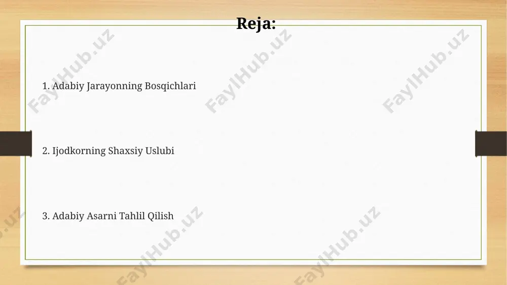 kni oshirishga qaratilgan 50 dan ortiq so'z birikmalari va iboralarini o'zgartirish yoki qo'shish mumkin, bu esa matnning ifoda vositalarini kengaytiradi. "tahrir va to'g'irlash" jarayoni adabiy asarning 20% dan ortiq qismini tahrirlash va 10% ga yaqinini to'g'irlashni o'z ichiga oladi, bu esa asarning umumiy sifati va aniqligiga ta'sir qiladi. adabiy jarayonning bosqichlari syujet qurilishi va personajlarni yaratish jarayoni adabiy asar yaratishning 2-bosqichini tashkil qilib, 20% vaqt sarfini oladi. adabiy jarayonning birinchi 3 bosqichi – g'oya tug'ilishi, rejalashtirish va tahrirlash, umumiy hajmining taxminan 60% ini tashkil etadi. asarning yakuniy tahriri va nashriyotga tayyorlash 15% vaqtni oladi va 4 ta bosqichdan iborat bo'ladi. asarni baholash badiiy asarning mazmun-mohiyatini chuqur anglash uchun 3 bosqichli tahlil usuli – taʼrif, tahlil va umumlashtirish qoʻllaniladi. “asarni baholash” jarayonida kritik fikrlash va adabiy nazariy bilimlar, masalan, realizm yoki modernizm kabi tushunchalarni qoʻllash zarur. “asarni baholash”da adabiy asarning 5 ta asosiy mezon – mavzu, gʻoya, kompozitsiya, obrazlar va til …