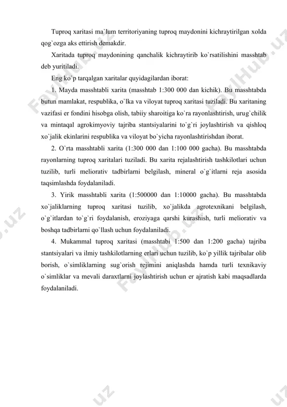 m. vo agropromizdat. 1991 g. 288 s. 4. musaev b.s. «o`g`it qo`llash tizimi». t. respublika o`quv uslubiyot markazi, 1998 y. 80 b. 5. siddiqov s., sattorov j. «tuproqlarni agrokimyoviy xaritalash va o`g`itlardan differentsial foydalanish», toshkent, universitet, 1993 y. 6. posobie po provedeniyu analizov pochv i sostavleniyu agroximicheskix kartogramm. m. kolos. 1964 g.