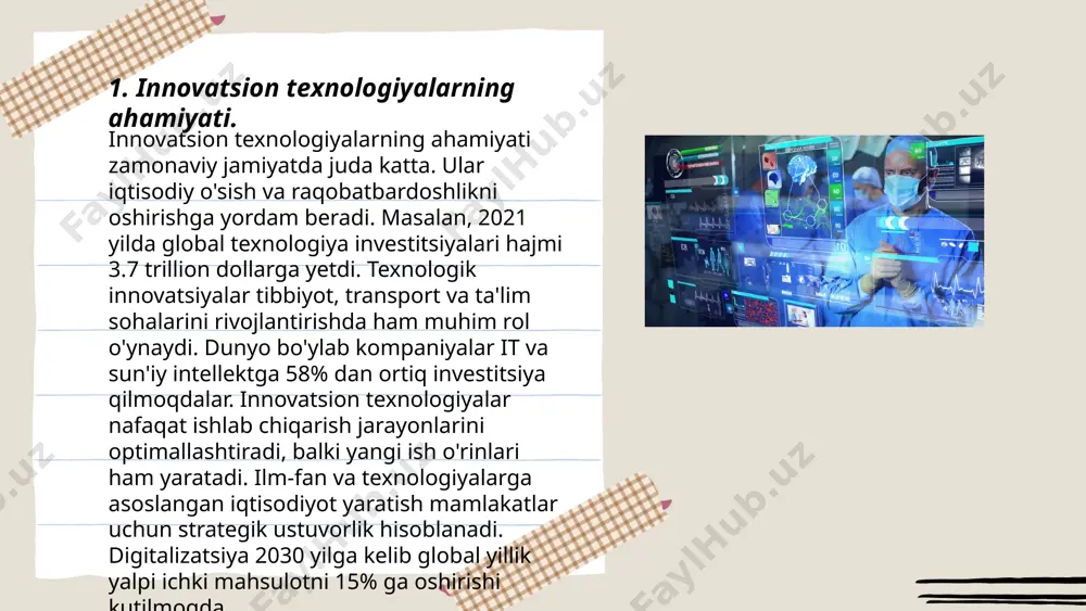 esa iqtisodning raqobatbardoshligini oshiradi. 2023-yilga kelib, hamkorlik natijasida sanoat ishlab chiqarish hajmi 15 foizga oshgani qayd etilgan. ... t.me/slaydai_bot startaplar va texnologiya transferi zamonaviy innovatsion iqtisodiyotning muhim qismlaridan biri hisoblanadi. jahonda har yili minglab startaplar tashkil etiladi va ularning yirik qismi texnologiyaga asoslangan. o‘zbekiston startap ekotizimini rivojlantirish maqsadida 2025-yilga kelib raqamli iqtisodiyotning yalpi ichki mahsulotdagi ulushini 2% ga oshirishni maqsad qilgan. texnologiya transferi orqali mamlakatlar o‘rtasida ilmiy-tadqiqot natijalari va innovatsiyalar almashiladi. oliy ta’lim muassasalari va tadbirkorlar o‘rtasidagi hamkorlik, patentlar sonining oshishi bilan natijalari yanada ko‘proq seziladi. 2020-yilda o‘zbekistonning startap ekotizimida sarmoyalar hajmi 50 million aqsh dollarini tashkil etdi. ... t.me/slaydai_bot 7. innovatsion infratuzilma yaratish. innovatsion infratuzilma yaratish bo'yicha o'zbekistonda bir qator chora-tadbirlar ko'rilmoqda. 2021 yilda innovatsiyalarni qo'llab-quvvatlash uchun 1 trillion so'm ajratildi. texnoparklar va ilmiy-tadqiqot markazlari soni oshmoqda, 2022 yilda mamlakat bo'ylab 10 ta yangi texnopark tashkil etildi. oliy ta'lim muassasalarida ilmiy tadqiqotlar uchun grantlar ajratilishi 15 foizga ko'payib, yosh …