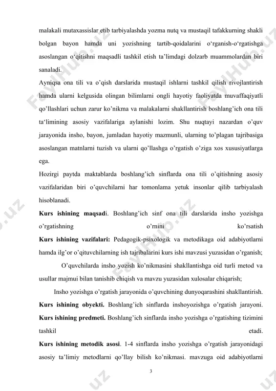 yuzasidan o’rganish; o’quvchilarda insho yozish ko’nikmasini shakllantishga oid turli metod va usullar majmui bilan tanishib chiqish va mavzu yuzasidan xulosalar chiqarish; insho yozishga o’rgatish jarayonida o’quvchining dunyoqarashini shakllantirish. kurs ishining obyekti. boshlang’ich sinflarda inshoyozishga o’rgatish jarayoni. kurs ishining predmeti. boshlang’ich sinflarda insho yozishga o’rgatishing tizimini tashkil etadi. kurs ishining metodik asosi. 1-4 sinflarda insho yozishga o’rgatish jarayonidagi asosiy ta’limiy metodlarni qo’llay bilish ko’nikmasi. mavzuga oid adabiyotlarni o’rganishga asoslangan nazariy tarixiy tahlillar, tajribalar, kuzatishlar, suhbatlar. respublikada foydalanilayotgan o’quv qo’llanmalari va hokazolardan foydalanildi. kurs ishining amaliy ahamiyati: kurs ishi natijalaridan boshlang’ich sinf ona tili darslarining sifatini oshirishda pedagogika oliy ta’lim yo’nalishi talabalari kurs ishlari tayyorlashda foydalanishlari mumkin. kurs ishining tuzilishi: ushbu kurs ishi kirish, 2 bob, 4 ta paragraf, xulosa va tavsiyalar, foydalanilgan adabiyotlar hamda ilovalardan iborat bo’lib, betni tashkil etadi. i bob boshlang’ich sinflarda insho yozishga o’rgatishning ahamiyati 1.1 inshoning bolalar nutqini oʻstirishdagi ahamiyati insho arabcha so’zdan olingan bo’lib, 1) voqea, …