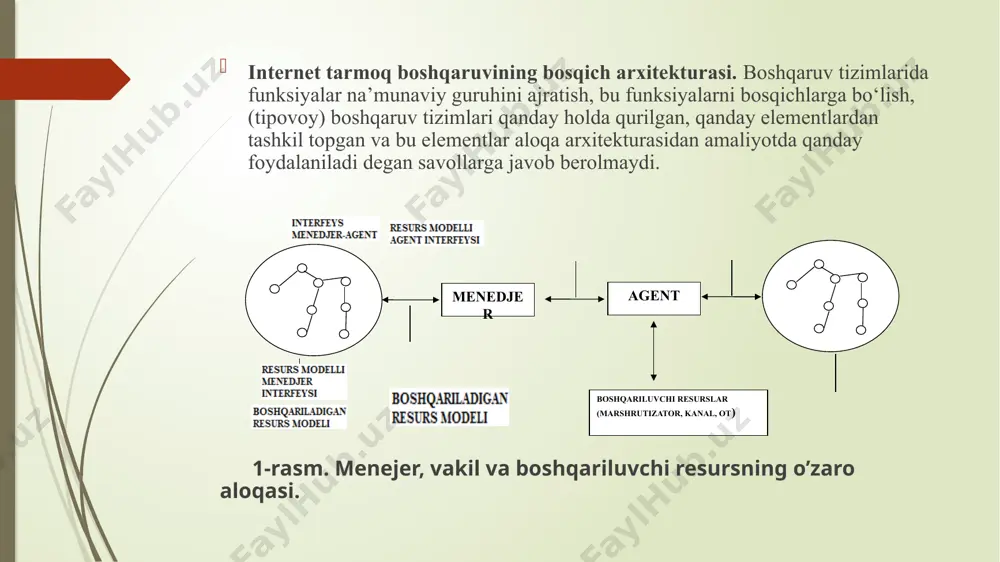 qilsa, bu out-of-bard boshqaruv bo‘ladi. tarmoq ishlayotgan kanalda boshqaruv tejamli, chunki boshqaruvchi ma’lumotlarni uzatish uchun bo‘lak infrastuktura yaratilishini talab qilmaydi. lekin, out-of-bard usuli ishonchliroq, chunki qandaydir tarmoq elementlari ishdan chiqqan va asosiy kanalarda qurilmaga yo‘l yo‘qligida tarmoq qurilmalarini boshqaruviga imkon beradi. tmn boshqaruv tizimi ko‘p bosqichli standarti o‘z nomida “network” so‘zi out-of-bard rejimini ta’minlovchi telekommunikatsion tarmoqni boshqaruvi uchun alohida boshqaruvchi tarmoq borligini ta’kidlaydi. odatda menedjer bir nechta agentlar bilan ishlaydi ulardan olinayotgan ma’lumotlarga ishlov beradi va ularga boshqaruvchi ta’sir beradi. agentlar boshqariluvchi qurilmalarga qo‘shilishi mumkin, qaysidir interfeys bo‘yicha boshqariluvchi qurilma bilan bog‘langan alohida kompyuterda ham ishlashi mumkin. menedjer odatda tizim operatori yoki adminstratori uchun boshqaruv konsoli rolini bajaruvchi alohida kompyuterda ishlaydi. menedjer –agent modeli snmp protokoli asosida iso/osi boshqaruv standartlari ommaviy boshqaruv standartlari asosida yotadi. agentlar har xil intellekt (idrok) darajasi bilan ajratilishi mumkin-ular qurilma orqali o‘tadigan kadr va paketlarni hisoblash uchun zarur minimal intellektga avariyaviy holatlarda boshqaruvchi harakatlar bajarilishini …