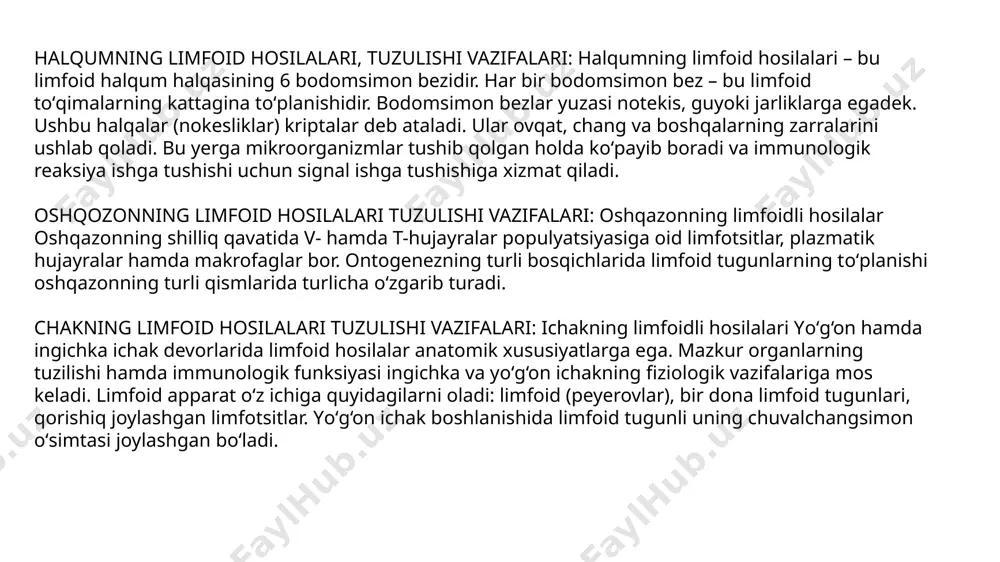 ga xos bо‘lmagan ishtirokchilari sanalishadi. 4) monotsitar-makrofagol; ilik joylashgan joyda differensirovka mazkur yо‘nalishda qonga kо‘chib о‘tuvchi monotsitlar hosil bо‘lishi bilan yakuniga yetib; tо‘qimali makrofag kо‘rinishidagi yetilgan yakuniy formalar organ hamda tо‘qimalarning turli xil joylarida kengayib, ular о‘ziga xos nomlarga ega bо‘lgan, bular: biriktiruvchi tо‘qimaning gistiotsitlari, jigarning yulduzsimon retikulotsitlari, taloq makrofaglari, limfa tugunlari makrofaglari, peritoneal makrofaglar, zardobli makrofaglar, asab tolalari mikrogliyasi hujayralari (tо‘qimalari); 5 5) t-hujayrali; ilikning differensiatsiyasidagi (о‘zgarishidagi) ushbu о‘simta faqat rivojlanishning boshlang‘ich bosqichni – t-hujayralarining ajdodi limfoid ustunli (ustunsimon) hujayradan hosil bо‘lishi jarayonidan о‘tadi; klonlashuvchi t-hujayralarning turli xil subpopulyatsiyalari yetilishining asosiy jarayoni timusda rо‘y beradi; 6) b-hujayra; t-hujayrali yо‘nalishdan farqli ravishda v-hujayrali differensirovka amaliy jihatdan tо‘liq yakuniga yetishi bilan xarakterlanadi. sariq ilik asosan retikulyar tо‘qimaning о‘rnini egallagan yog‘ tо‘qimasida tо‘plangan. sariq ilikda qon hosil qiluvchi elementlar mavjud emas. ammo katta miqdordagi qon yо‘qotishda sariq ilikda ham qon bilan kirib keladigan ustunsimon hujayralar hisobiga qon ishlab chiqarish о‘choqlari paydo bо‘lishi …