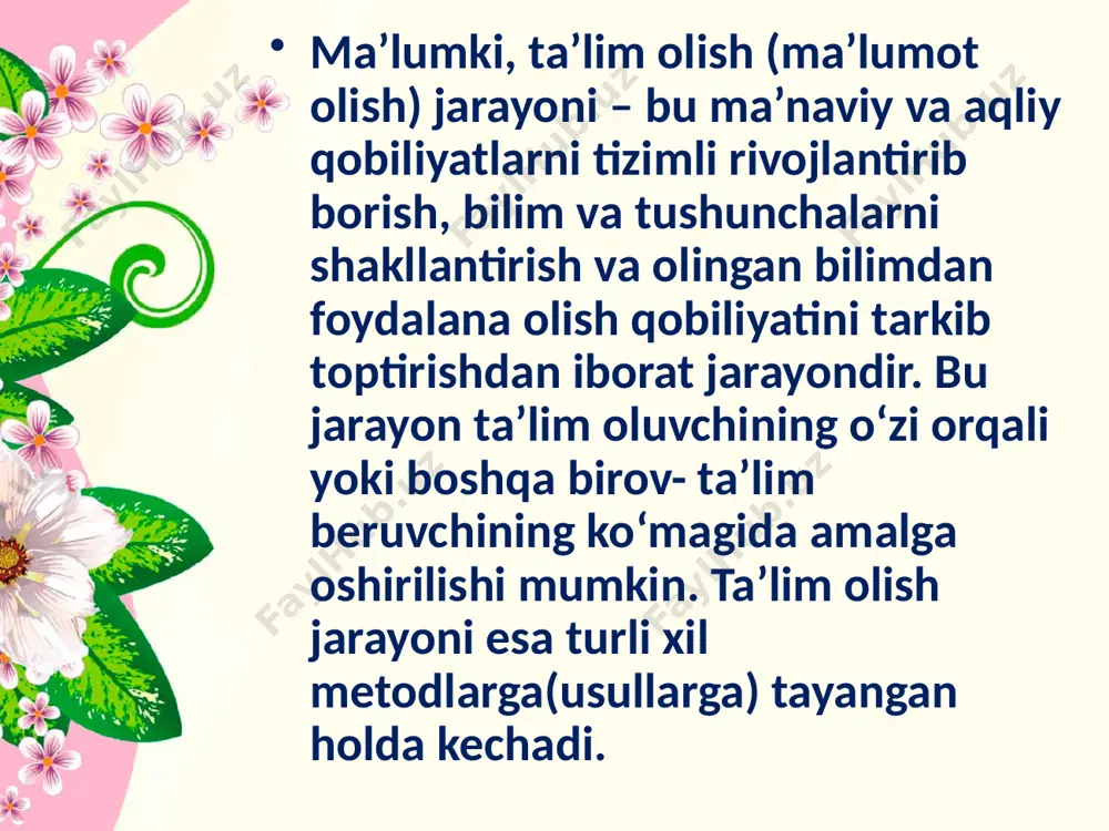 qituvchining qo‘shajak hissasiga ajratilgan vaqt chegaralangan. o‘qituvchi asosan o‘qish jarayonini yengillashtiruvchi va ikki tomonlama fikr-mulohazalar bilan ta’minlovchi shaxs vazifasini o‘taydi. kamdan-kam hollarda o‘qituvchi ma’lumot bilan ta’minlaydi. amaliy mashg‘ulot o‘qituvchi bir guruh o‘quvchilarning ko‘nikmalarini to‘liq yoki qisman shakllantiruvchi amaliy faoliyat orqali o‘qitishni xohlasa bu usuldan foydalanishi mumkin. odatda bu jarayon o‘z ichiga so‘zlash, tasviriy ifoda va o‘qituvchi tomonidan namoyish etish va muhokamalarni ham o‘z ichiga olishi mumkin. shu bilan birga, bu jarayon materiallar va maxsus jihozlardan foydalanish imkoni bo‘lgan ustaxonalarda amalga oshiriladi. shuni ham yoddan chiqarmaslik kerakki, o‘quvchilar nafaqat rasmiy o‘qitish orqali o‘rganadilar, ya’ni kitoblar, gazeta va jurnallar, televideniye, internet va sinfdosh do‘stlar orqali, balki ko‘proq bevosita aloqa orqali o‘rganadilar. bu vositalar o‘kituvchi o‘tgan darsni mustahkamlashda foydalanilishi mumkin. baxs-munozara usuli o‘quv guruhini ikki guruhga bo‘lgan holda, biror mavzu bo‘yicha o‘zaro baxs, fikr almashinuv tarzida o‘tkaziladi. tadqiqot usuli o‘zlashtirish darajasining eng yuqori cho‘qisi; o‘quvchilarning olgan bilimlari asosida hali o‘rganilmagan kichik bir muammo …