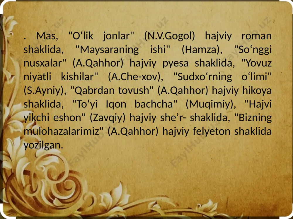 da ko‘rishimiz mumkin. bularning ba’zilari hikoya, ba’zilari roman bo‘lishi bilan bir qatorda ular uchun yana bir umumiy jihati satirik asarlar ekanligi ham e’tiborlidir satira va lirikaning aloqasiga muqimiyning “tanobchilar”, zavqiyning “hajvi ahli rasta” kabi bir qancha she’riy yo‘nalishda bitilgan asarlarini misol qilish mumkin. satira va dramatik asarlarning bog‘liqligi hamzaning “maysaraning ishi”, “tuhmatchilar jazosi”, abdulla qahhorning “tobutdan tovush” asarlarida ko‘rinadi. demak, satira o‘ziga xos yo‘nalish sifatida adabiy turlarning barchasiga birdek daxldor. image1.jpeg