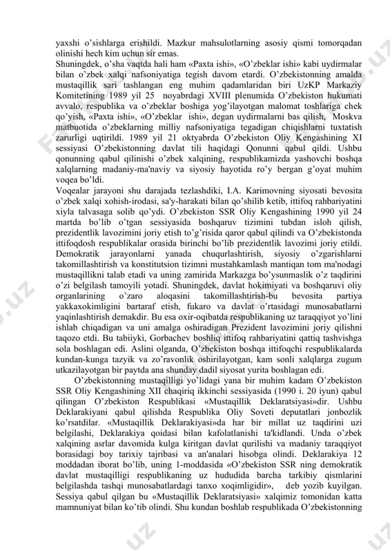 a individual uy-joy qurilishini yanada rivojlantirish to’g’risida» maxsus qaror qabul qilindi. garchi bu g’oya ittifoq rahbarlariga yoqmagan bo’lsa ham, i.a. karimov o’z fikridan qaytmay, uni jasorat bilan amalga oshira bordi. natijada o’sha yilning 4 oyida aholi qo’shimcha 90,7 ming gektar yer oldi. o’ta qisqa fursat ichida 1,5 milliondan ko’proq oilaning tomorqa uchastkalari kengaytirildi, tomorqaga yetolmay yurgan 580 ming oila unga ega bo’ldi. tomorqa xo’jaligi maydonining usishi, unga bo’lgan e'tiborning kuchayishi, agrar siyosatning ustuvor yo’nalishlaridan biriga aylanishi qishloq xo’jaligining keskin o’sishiga olib keldi. 1989-2000 yillar mobaynida don yetishtirish 2,5 baravar o’sib, don bo’yicha chetga qaramlikdan qutulgan ekanmiz, bu muvaffaqiyatga erishishimizda tomorqachilarning ham munosib hissasi bor. yana qator mahsulotlar ishlab chiqarishda ham tomorqachilarning ulushi katta. masalan, shu davrda kartoshka ishlab chiqarish, meva, sut mahsulotlari yetishtirishda ham yaxshi o’sishlarga erishildi. mazkur mahsulotlarning asosiy qismi tomorqadan olinishi hech kim uchun sir emas. shuningdek, o’sha vaqtda hali ham «paxta ishi», «o’zbeklar ishi» kabi uydirmalar bilan …