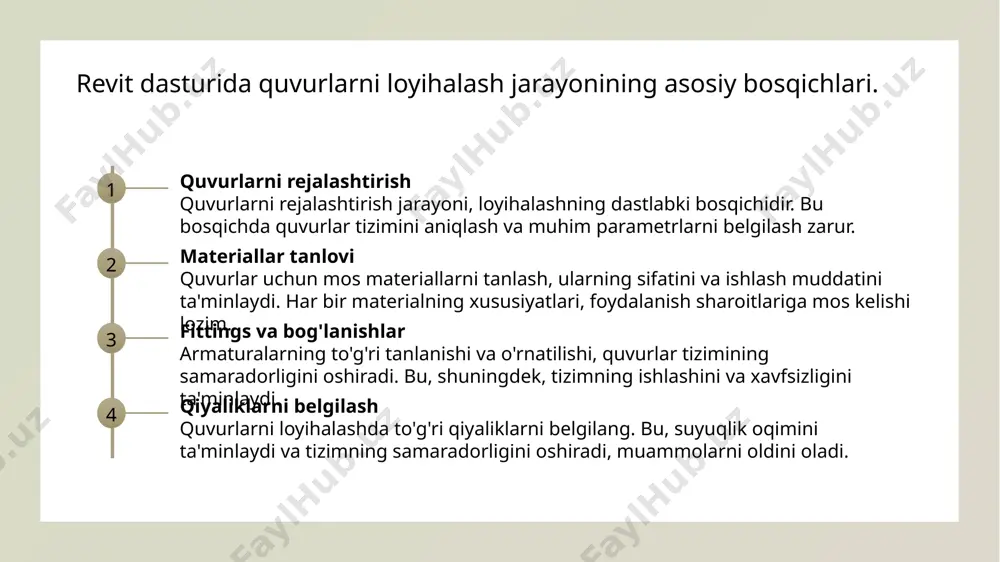 a ko'plab muammolar yuzaga kelishi mumkin, jumladan, noto'g'ri o'lchovlar va mos kelmasliklar. 2 hal etish usullari - muammolarni hal etish uchun, revitning analitik vositalaridan foydalanish, to'g'ri parametrlar qo'llash va ilg'or dizayn texnikalarini joriy etish zarur. 3 o'quv jarayoni - quvurlarni loyihalashdagi muammolarni tushunish va ularni hal qilish, talabalar uchun amaliy ko'nikmalarni rivojlantirishda muhim ahamiyatga ega. revit dasturida quvurlar armaturalari: asosiy tushunchalar va ahamiyati. 1 armaturalar tushunchasi quvurlar armaturalari quvurlarni birlashtiruvchi, yo'naltiruvchi va har xil vazifalarni bajaruvchi qismlardir. ular tizimning samaradorligini oshiradi. 2 armaturalar turlari quvurlar armaturalari turli xil turlarga ega: burchak, teshik, va reduktor armaturalari. har biri o'ziga xos funksiyalarni bajaradi va quvur tizimlarini optimallashtiradi. 3 dizayndagi ahamiyati armaturalar quvurlar dizaynida muhim rol o'ynaydi, chunki ular tizimning og'irligi, suyuqlik oqimi va qiyaliklarni hisobga olishga yordam beradi. 4 muammolar va yechimlar quvurlar armaturalari bilan bog'liq muammolar, masalan, yomon o'rnatish yoki materiallar tanlovi, tizimning samaradorligini pasaytirishi mumkin. yechimlar esa zamonaviy texnologiyalarni qo'llashdir. …
