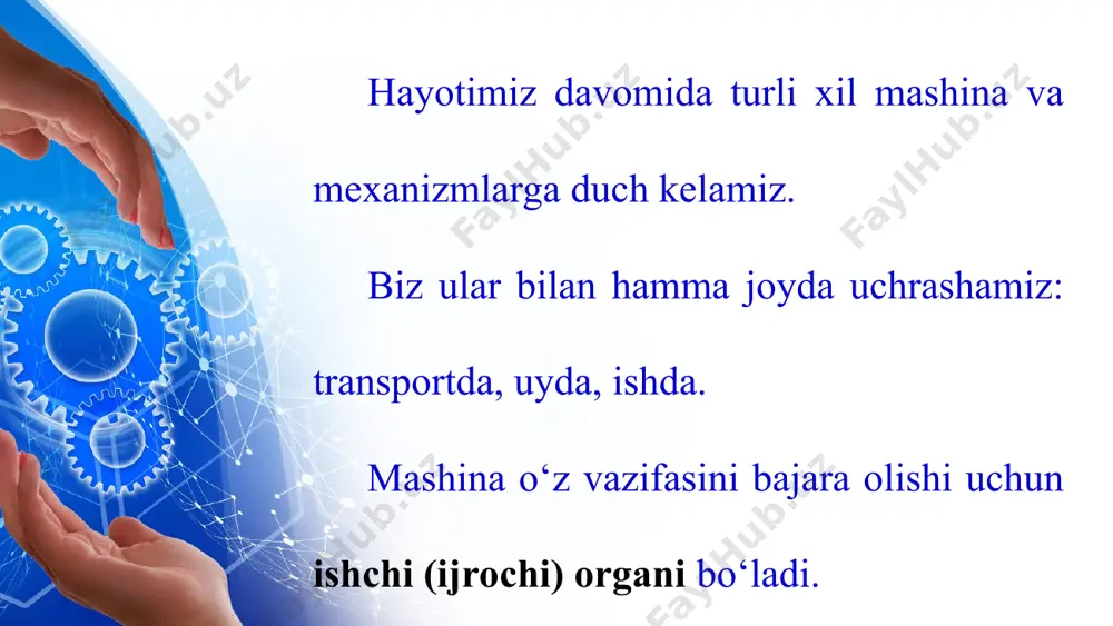 natilgan tishli g‘ildiraklar (yulduzchalar)ga kiydirilgan berk zanjir halqadan iborat bo‘ladi. this presentation uses a free template provided by fppt.com www.free-power-point-templates.com this presentation uses a free template provided by fppt.com www.free-power-point-templates.com tishli uzatma – aylanma harakatni ilgarilanma harakatga yoki aksincha aylantirib beradigan, yo boʻlmasa, aylanma harakat uzatadigan 3 zvenoli mexanizm. tishli uzatmaning silindrik, konussimon, toʻlqinsimon va boshqa shaklli turlari boʻladi. this presentation uses a free template provided by fppt.com www.free-power-point-templates.com this presentation uses a free template provided by fppt.com www.free-power-point-templates.com chervyakli uzatma – vint (chervyak) va u bilan ilashadigan chervyak gʻildiragi vositasida ayqash vallarga aylanma harakat uzatadigan mexanizm. harakat chervyakdagi trapetsional rezba bilan gʻildirakning yoysimon tishlari orasidagi ilashish kuchi natijasida uzatiladi. this presentation uses a free template provided by fppt.com www.free-power-point-templates.com chervyak rezbasining kirimlar soniga kо‘ra bir, ikki va toʻrt kirimli, rezba oʻrami shakliga koʻra arximed spiralli, botiq profilli va boshqa xillarga boʻlinadi. this presentation uses a free template provided by …