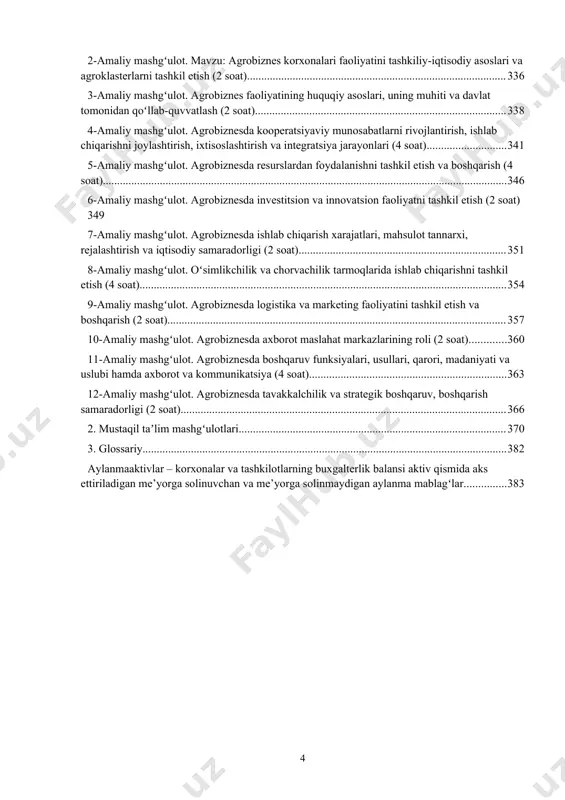 tushunchalar va uning mezonlari 323 4. boshqaruv samaradorligi koʻrsatkichlari 325 5. boshqaruv tizimi samaradorligini hisoblash usullari 327 1-mavzu. “agrobiznesni tashkil etish va boshqarish” fanining predmeti, oʻrganish usullari va vazifalari reja: 1. “agrobiznesni tyashkil etish va boshqarish” fanining predmeti, maqsadi, usullari va vazifalari. 1. qishloq xoʻjaligining respublika ijtimoiy iqtisodiyotida tutgan oʻrni va ahamiyati. 1. iqtisodiyotni modernizatsiya qilish sharoitida agrar sohani rivojlantirish yoʻllari. 1. agrobiznesni tashkil etish va boshqarish fanining oʻrganish usullari. tayanch iboralar: qishloq xoʻjaligi, agrar soha, fanning predmeti, maqsadi, usullari, vazifalari. agrobiznes. kichik biznes va tadbirkorlik. tadbirkorlik. xususiy tadbirkorlik. 1. “agrobiznesni tashkil etish va boshqarish” fanining predmeti, maqsadi, usullari va vazifalari. oʻzbekiston respublikasining agrar sohasi ishlab chiqarish miqdori, aholining bandligi, eksport quvvati boʻyicha iqtisodiyotining yirik sohasi hisoblanadi. aholining farovonligi va iqtisodiyotning boshqa sohalarining rivojlanishi agrar sohaning holati, uning rivojlanish darajasiga bogʻliq. qishloq xoʻjaligini isloh qilish muammosini hal etmay turib, butun iqtisodiy islohotlarni muvaffaqqiyatli davom ettirishimiz mumkin emas. bunga erishish uchun …