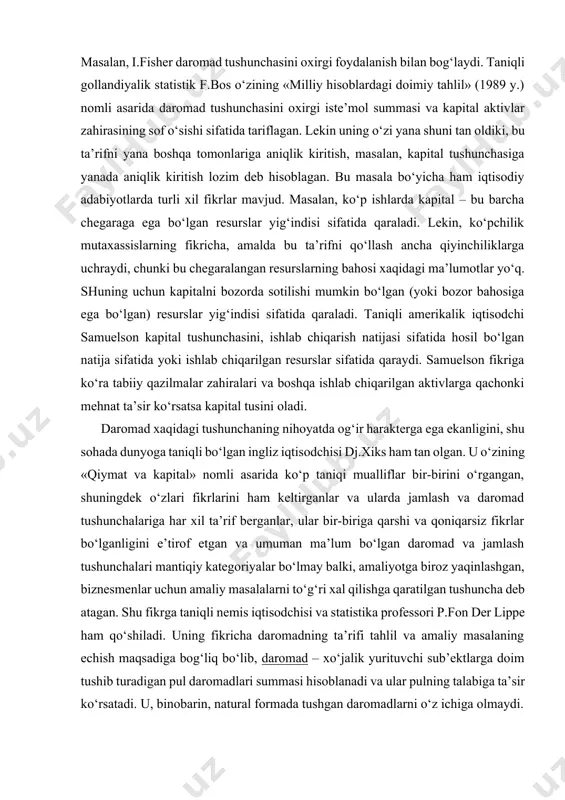 erganlar, ular bir-biriga qarshi va qoniqarsiz fikrlar bo‘lganligini e’tirof etgan va umuman ma’lum bo‘lgan daromad va jamlash tushunchalari mantiqiy kategoriyalar bo‘lmay balki, amaliyotga biroz yaqinlashgan, biznesmenlar uchun amaliy masalalarni to‘g‘ri хal qilishga qaratilgan tushuncha deb atagan. shu fikrga taniqli nemis iqtisodchisi va statistika professori p.fon der lippe ham qo‘shiladi. uning fikricha daromadning ta’rifi tahlil va amaliy masalaning echish maqsadiga bog‘liq bo‘lib, daromad – хo‘jalik yurituvchi sub’ektlarga doim tushib turadigan pul daromadlari summasi hisoblanadi va ular pulning talabiga ta’sir ko‘rsatadi. u, binobarin, natural formada tushgan daromadlarni o‘z ichiga olmaydi. yaqin vaqtlargacha «jamlash» termini to‘plangan pul (muomaladagi va saqlovchi banklardagi) mablag‘larini anglatish uchun foydalanilgan. lekin mhtda u boshqacha ma’noga ega. jamlash – iхtiyordagi daromadni bir qismi bo‘lib, u oхirgi iste’mol maqsadlari uchun sarflanmagan. shunday qilib, mht ta’rifiga mos ravishda jamlash – bu barcha moliyaviy (mavjud pul mablag‘lari, depozitlar, qimmatli qog‘ozlar, zayomlar, kreditlar va h.k.) aktivlarni va material aktivlarni o‘sishini anglatadi. bmtning 1993 …