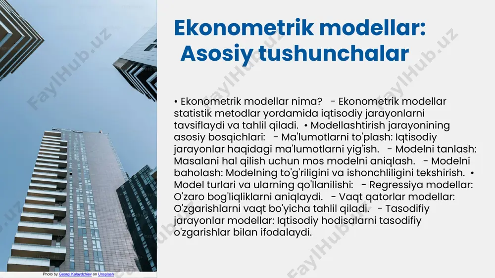 shda e'tiborga olinadigan omillar: - modelning mosligi: model, ma'lumotlar to'plamiga mos kelishi kerak. bu, modelning haqiqiy natijalarni qanchalik yaxshi ifodalashini anglatadi. - aniqlik: modelning aniqligi, taxminlarning ishonchliligi va ma'lumotlardagi shovqinlarni qanchalik yaxshi hisobga olishi bilan bog'liq. - o'zgaruvchilar o'rtasidagi munosabatlar: model, o'z navbatida, o'zgaruvchilar o'rtasidagi munosabatlarni aniq ifodalashi kerak. model tanlashda statistik testlar va ularning ahamiyati: - statistik testlar, modelning mosligini baholashda muhim rol o'ynaydi. ular, modelga mos keladigan eng yaxshi parametrlarni aniqlashda yordam beradi. - misol uchun, r-kvadrat, aic (akaike information criterion) va bic (bayesian information criterion) kabi testlar foydalaniladi. bu testlar yordamida nima uchun model tanlanganligini va uning samaradorligini baholash mumkin. ekonometrik modellashtirish jarayoni ishlab chiqarish jarayonlarini modellashtirishda birinchi qadam ma'lumotlarni yig'ish va tayyorlashdir. kerakli ma'lumotlarni aniqlash, to'plash va ularni tahlil qilish muhimdir. olingan ma'lumotlar modelga mos bo'lishi va ishonchli bo'lishi kerak. keyingi bosqich modelni qurish va parametrlarni baholashdir. bu jarayonda statistik metodlar va algoritmlar yordamida model yaratiladi. …