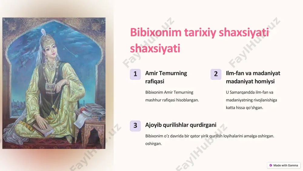 co jahon merosi ro'yxatiga kiritilgan va samarqandning asosiy samarqandning asosiy turistik obyektlaridan biri hisoblanadi. https://gamma.app/?utm_source=made-with-gamma preencoded.png bibixonim maqbarasi va islom madaniyati gunbaz maqbaraning asosiy qismi katta gumbaz bilan qoplangan. minaralar maqbara yonida ikkita katta minar qad koʻtargan. qurʼoniy yozuvlar maqbara devorlarida islom yozuvlari va oʻyma naqshlar mavjud. https://gamma.app/?utm_source=made-with-gamma preencoded.png maqbaraning folklor va rivoyatlardagi o'rni rivoyat maqbara amir temur va bibixonim munosabatlari haqidagi mashhur mashhur rivoyatlarga ega. folklor va afsonalar maqbara xalq orasida turli afsonalar, rivoyatlar va xalq dostonlarida aks dostonlarida aks etgan. tarixiy ong maqbara oʻrta osiyoda islom madaniyati rivojiga muhim ta'sir koʻrsatgan. koʻrsatgan. https://gamma.app/?utm_source=made-with-gamma preencoded.png maqbaraning hozirgi kundagi kundagi holati va ahamiyati ahamiyati saqlash va ta'mirlash maqbara unesco va oʻzbekiston hukumati tomonidan oʻzlashtirib borilmoqda. turist oqimi maqbara samarqandning asosiy turistik turistik obyektlaridan biri hisoblanadi. hisoblanadi. madaniy meros maqbara oʻzbekistonning muhim madaniy va tarixiy obidalari qatoriga qatoriga kiradi. https://gamma.app/?utm_source=made-with-gamma preencoded.png maqbaraning sayyohlik markaziga aylanishi turistik ahamiyat maqbara oʻrta osiyo madaniy …