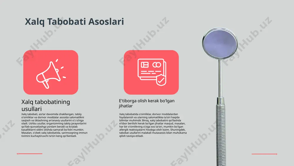 lariga joylashtirish orqali energiya oqimini tiklaydi. fitoterapiya esa dorivor o'simliklar yordamida sog'liqni yaxshilashga qaratilgan. massaj esa mushaklarni bo'shashtirib, qon aylanishini yaxshilaydi va tinchlantiruvchi ta'sir ko'rsatadi. shu bilan birga, aromaterapiya va osteopatiya kabi boshqa usullar ham mavjud. an'anaviy davolash usullari ularning ta'siri va foydalari tabobat va zamonaviy tibbiyot hamkorlikning ahamiyati zamonaviy tibbiyot va xalq tabobati o'rtasidagi hamkorlik sog'liqni saqlashda yangi imkoniyatlar yaratadi. ular bir-birini to'ldirib, bemorlar uchun yanada samarali davolash usullarini taqdim etadi. xalq tabobati an'anaviy usullarni, zamonaviy tibbiyot esa ilmiy asoslangan metodlarni taklif qiladi. bu hamkorlik, bemorlar uchun keng ko'lamli davolash imkoniyatlarini ochadi va sog'liqni saqlashni yaxshilashda muhim rol o'ynaydi. - xalq tabobati salomatlikni saqlashda muhim rol o'ynaydi. - dorivor o'simliklar ko'plab kasalliklarni davolashda samarali. - xalq tabobati va zamonaviy tibbiyot hamkorligi sog'liqni yaxshilaydi. - kelajakda tadqiqotlar va resurslar ajratish zarur. albatta, xalq tabobati salomatlikni saqlashda kuchli vosita bo'lib, uni rivojlantirishga e'tibor qaratishimiz zarur. xulosa e'tiboringiz uchun rahmat! image1.png image2.png …