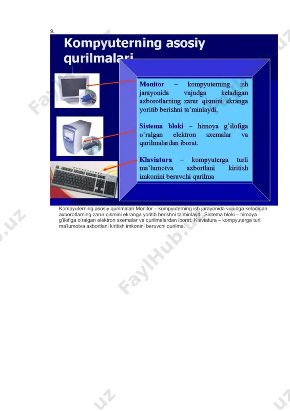 bu energiya talab qilmaydigan ko’p marta yoziladigan yarim o’tkazgichli hotiradir kompakt disklardagi ma’lumotlarni o’qish cd-rom qurilmasi ishlatiladi 14. printer – ma’lumotlarni qog’ozga chiqarish qurilmasi. lazerli printer – ma’lumotlarni chop etishda rang solingan maxsus barabanga elektr maydoni ta’sir ettirishdan foydalandi purkovchli printer – qog’ozga chiqariladigan ma’lumotlarni maxsus idishdagi suyuqlikni juda kichik naycha teshigiga bosimli purkash yo’li bilan hosil qilinadi bosma printer – qog’ozdagi satr bo’ylab harakatlanadigan maxsus qurilmaga o’rnatilgan metal ignachalar qog’oz va qurilma orasiga o’rnatilgan rangli tasmaga tegib, qog’ozda iz qoldirib ma’lumotlarni hosil qiladi 15. skaner – fotosurat, grafik va matn hsklidagi axborotlarni kompyuterga kiritish uchun ishlatiladi. mikrofon – kompyuterga ovoz yozish imkoni beradi kompyuter xotira qurilmalari haqida kompyuter elektr manbaidan uzilgandan so'ng, tezkor xotira(озу)dagi barcha ma'lumotlar o'chib ketadi va kompyuter qayta yuklanganda, o'chgan ma'lumotlarni qayta tiklab bo'lmaydi. shuning uchun ma'lumotlarni saqlashda, elektr energiyasiga bog'liq bo'lmagan, ma'lumotlarni saqlash qurilmalaridan foydalaniladi. bu maqolada shu qurilmalar haqida yozmoqchiman. barcha tashqi qurilmalar energiyaga …