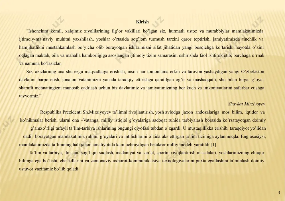 zmunini yanada takomillashtirishni taqozo etadi. respublikamiz ta’lim tizimida tub isloxatlar ro’y berayotgan bugungi kunda har tomonlama yetuk, yuqori malakali, yuksak ma’naviyatli, madaniyatli o’z kasbiga sadoqatli bo’lgan pedagog kadrlarni tayyorlab voyaga yetkazish dolzarb muammolardan biri hisoblanadi [3]. ta’lim tizimida zamonaviy va axborat texnologiyalardan foydalanish, farzandlarimizning mustaqil fikrlash, bilim olish ko’nikmalarini shakillantirish va rivojlantirish ta’lim soxasi vakillarining oldida turgan dolzarb vazifalardan biridir. barcha o’quv predmetlar qatoriga kimyo fani asosida puxta va samarali o’zlashtirishda zamonaviy ped texnologiyalardan foydalanishning o’rni katta. o’quvchilarning berilgan mavzular mazmunini tushunishi, unda aks etgan kimyoviy tushunchalar, qonunlar, ayrim moddalar misolida daliliy ma’lumotlarni o’zlashtirishda o’qitish metodlari yordamida amalga oshiriladi. 5 bularning barchasi talab darajasida bo’lishi uchun bugungi kunda kimyo ta’limida ham zamonaviy ped texnalogiyalardan foydalanish yaxshi samara beradi. xususan, anorganik kimyo darslarining o`qitilishida zamonaviy ped texnologiyalaridan foydalanish, o’quvchilar uchun darsning tushunarlilik darajasini oshirmoqda. buning natijasda o’quvchilarninng bilim olish salohiyati o’smoqda. shuning uchun biz bitiruv malakaviy ishimizni “o’rta maktab kimyo kursida …