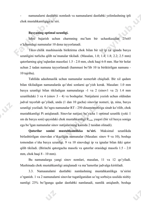 o’ngra 13 va 14 tajribadagi namunalar singari yopishtirib tikiladi (ya’ni ip, baxya uzunligi, rmax dagi tajribada). tajriba nomerlari 15 -16 qo’yiladi. chok mustahkamligini aniqlash natijalari jadvalga kiritiladi. ip va nina nomerining mustahkamlikka ta’siri. 5-tajribadagi namunalarni yana qaytadan boshqa tomondagi tugash joyi bilan, birinchi variantdagi kabi birta qator bilan tikiladi baxya uzunligi 1 opt. ammo ip va ninani boshqa nomerlar bilan almashtirilsin. yangi tajriba nomerlari qo’yiladi, masalan 17 va 18.7 va 8 tajribadagi namunalar yana qaytadan boshqa nomi bilan tikiladi. 17 va 18 tajribadagi namunalar kabi ip va nina nomeri o’zgartiriladi. yangi tajriba nomerlariga 19 va 20 qo’yiladi. mashinada chok mustahkamligi aniqlanadi va natija jadvalga yoziladi. bir sm chokda biriktiruvchi mustahkamlik qpmin uchun har bir guruhdagi tajribalarda hisoblanadi. qkg/sm (bu yerda: h - tikilgan namunalar kengligi sm) va jadvalga yoziladi . _1560065387.unknown 100 84 , 0 g g v uv g w - =