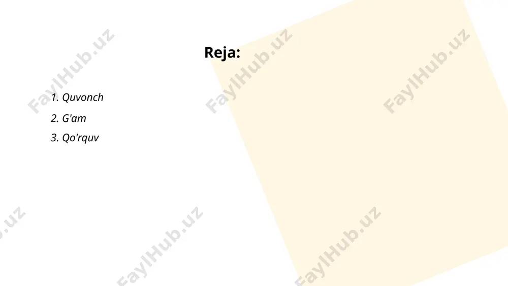 tijalariga ko‘ra, odamlar eng ko‘p qo‘rqadigan narsalar orasida ommaviy chiqishlar (30%), o‘lim (19%), balandlik (10%) kabi muammolar bor. qo‘rquvning jiddiy shakllari fobiya sifatida namoyon bo‘lishi mumkin, bu dunyo aholisining taxminan 8-12 foizida uchraydi. ko'pchilik uchun qo'rquv real xavfga javoban rivojlangan evolyutsion mexanizm bo'lsa-da, inson hayotidagi o‘ta koʻngilsiz lahzalarda ham ahamiyatga ega. ... t.me/slaydai_bot 4. g'azab 4. g'azab haqida qisqacha ma'lumot: g'azab inson psixologiyasida kuchli his-tuyg'u bo'lib, jismoniy va ruhiy reaksiyalarga sabab bo'ladi. g'azab paytida insult xavfi 2,5 baravarga, yurak xuruji xavfi esa bir necha soat ichida 2 baravarga oshishi kuzatilgan. tadqiqotlar shuni ko'rsatadiki, g'azab bilan bog'liq holatlarda stress gormoni kortizol darajasi ortadi. g'azabning o'rtacha davomiyligi 10-15 daqiqa atrofida bo'lishi mumkin. g'azabni nazorat qilish uchun chuqur nafas olish, meditatsiya va jismoniy mashqlar tavsiya etiladi. ... t.me/slaydai_bot 1. *baliqlar ekanligi:* yer yuzida tahminan 33,600 ta baliq turi mavjud. baliqlar suv muhitida yashab, nafas olish uchun jabralardan foydalanadi. 2. *tog'larning balandligi:* everest tog'i …