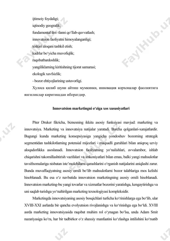 t turli ko‘rinishlarga ega bo‘ldi. oxirgi ikki yuz yillik ichida xo‘jalik faoliyatini evolyutsiyasini bir necha bosqichlarga bo‘lishi mumkin, u dunyoning yirik va muvaffaqiyatli faoliyat yuritayotgan kompaniyalarida raqobatli ustunlikni o‘zgarishiga olib keldi. bunda narxli raqobat, klassik marketing, segmentlash, pozitsiyalash, merchendayzing, ijtimoiy-axloqiy marketing, xalqaro marketing, eksport marketingi, benchmarketing, o‘zaro munosabatlar marketingi, logistik marketing, global marketing, brend-marketing,internet-marketing, empirik marketing, autsorsing, kommunikatsion marketing va innovatsion marketing kabi marketingda innovatsiyaning asosiy bosqichlarini alohida ko‘rsatish mumkin. iqtisodiyotda faol qo‘llanilayotgan ishbilarmon mijozlar bilan shartnomalarni elektron holda amalga oshirish v2v va pirovard mijozlar bilan elektron savdo v2s yoki elektron bizneslar logistika oldiga logistika xizmatlarining yangi turlarini paydo bo‘lishini talab etadi. ushbu innovatsion ishbilarmonlik munosabati logistikadan faqatgina axborot oqimini boshqarishni talab etmasdan, balki yuk oqimini fizik harakati bo‘yicha vazifalarni operativ bajarishni talab etadi. v2v va v2s elektron biznesi faqat yuk oqimini fizik harakati bilan amalga oshirilsa muvaffaqiyatli bo‘lishi mumkin. elektron biznesni o‘zaro aloqa qiluvchi subyektlar turi bo‘yicha quyidagi asosiy …