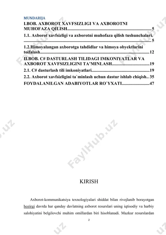 ada o’zbekiston respublikasining «davlat sirlarini saqlash to’g’risida»gi, «axborotlashtirish to’g’risida»gi va boshqa qonunlar qabul qilindi hamda amalda tatbiq etib kelinmoqda. mamlakatimizda axborotlashtirish sohasidagi davlat siyosati axborot resurslari, axborot texnologiyalari va axborot tizimlarini rivojlantirish hamda takomillashtirishning zamonaviy jahon tamoyillarini hisobga olgan holda milliyaxborot tizimini yaratishga qaratilgan o’zbekiston respublikasining birinchi prezidenti islom karimov bugungi kunda jamiyat taraqqiyotida axborot texnologiyalarining ahamiyatiga to’xtalib, quyidagilarni ta’kidlagan: «bugungi sharoitda, internet va elektronika davrida iqtisodiyot tarmoqlarida zamonaviy axborot-kommunikatsiya texnologiyalarini keng joriy etish, «elektron hukumat» tizimi faoliyatini yanada rivojlantirish ustuvor ahamiyatga egadir. jahon tajribasi shundan dalolat beradiki, ayni paytda global iqtisodiyotda kompyuter va telekommunikatsiya texnologiyalari, dasturiy ta’minot mahsulotlarini ishlab chiqarish va ular asosida keng turdagi interfaol xizmatlar ko’rsatishni o’z ichiga olgan axborot-kommunikatsiya texnologiyalari sohasining roli va ahamiyati tobora ortib bormoqda. axborot-kommunikatsiya texnologiyalarining rivojlanishi mamlakatning raqobatdoshlik darajasiga ta’sir ko’rsatishi, katta hajmda axborot to’plash va uni umumlashtirish imkonini berishi, boshqarishni strategik darajada tashkil etish uchun keng imkoniyatlar ochib berishini unutmasligimiz zarur». …