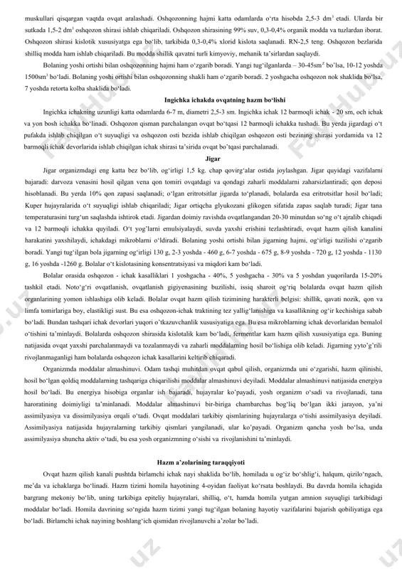 devori epiteliyi tanglay, lab sohasi epiteliyi esa lab bezlarini hosil qiladi. katta so’lak bezlariga quloq oldi, jag’ osti va til osti so’lak bezlari kirib, ular og’iz bo’shlig’idan tashqarida joylashsada, naylari og’iz bo’shlig’iga ochiladi. quloq oldi bezi (glandula parotoidea) seroz suyuqlik ishlab chiqaruvchi bez bo’lib, og’irligi 20-30 g. u eng katta so’lak bezi bo’lib, noto’g’ri shaklga ega. quloq oldi bezi quloq suprasini oldida va pastida, pastki jag’ suyagi shohining tashqi yuzasida joylashib, qisman chaynov mushagini yopib turadi. uni tashqi tomondan fastsiya va teri qoplagan. yuqorida bez yonoq ravog’igacha borsa, pastda pastki jag’ burchagigacha tushadi . ona qornida bolaning 5 oyligidan boshlab sut tishlarining hujayralari vujudga kela boshlaydi. bolaning 6-8 oyligidan boshlab, sut tishlari chiqa boshlaydi. avval 6 oylikdan kesuvchi so‘ng sut tishlari, kichik oziq tishlar chiqadi. sut tishlari 20 ta bo‘ladi: 2ta kesuvchi, 1ta qoziq, 2 ta kichik oziq tishlari. sut tishlari 6-7 yoshdan boshlab doimiy tishlar bilan o‘rin almashinadi. bolaning …