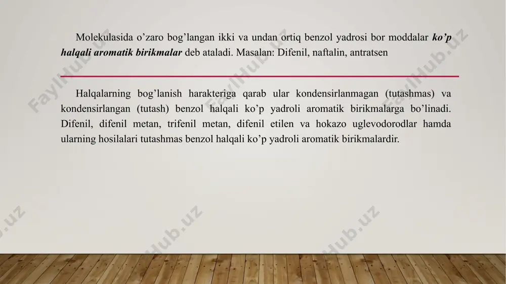g’indisi 0,290 nm gacha o- va o1- holatlaridagi o’rinbosarlar 1-11 bog’ atrofida erkin aylanishga halaqit bera olmaydi. natijada difenilning bunda hosilalari (masalan, vii birikma) notekis tuzilishga ega bo’la olmaydi va antropoizomerlar holida uchramaydi. vii birikmada ikkita orto- ftor atomlarining radiuslari yig’indisi 0,139•2=0,278 nm ga teng. 6,61 – dinitrodifenildikarbon – 2,21 – kislotada ikkita nitrogurux radiuslari yig’indisi 0,192•2=0,384 nm, ikkita karboksil guruxiniki 0,156•2=0,312 nm, nitro- va karboksil guruxlari radiuslari yig’indisi esa 0,192 + 0,156 = 0,348 nm ga teng. shuning uchun ham bu optik faol enantiomerlar (v va vi) holida mavjud bo’ladi. difenil metan difenilmetan – 270 c da suyuqlanadigan, apelsin hidli rangsiz kristall modda. u benzolni benzil xloridi yoki dixlormetan bilan fridel-krafts bo’yicha alkillash, benzofenonni qaytarish va benzolning formaldegid bilan kondensatsiyasi asosida olinadi. difenilmetan kimyoviy xossalari bilan benzolni eslatadi. oson boradigan elektrofill almashinish reaksiyalarida asosan 4,41 – dialmashingan va 2,4,21,41 – to’rtalmashingan difenilmetanlar hosil bo’ladi; difenilmetanning oksidlanishidan beznofenon, konsensatsiyasidan esa …