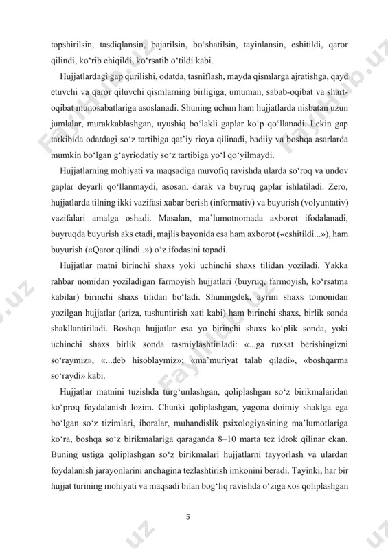ko‘rsatma kabilar) birinchi shaxs tilidan bo‘ladi. shuningdek, ayrim shaxs tomonidan yozilgan hujjatlar (ariza, tushuntirish xati kabi) ham birinchi shaxs, birlik sonda shakllantiriladi. boshqa hujjatlar esa yo birinchi shaxs ko‘plik sonda, yoki uchinchi shaxs birlik sonda rasmiylashtiriladi: «...ga ruxsat berishingizni so‘raymiz», «...deb hisoblaymiz»; «ma’muriyat talab qiladi», «boshqarma so‘raydi» kabi. hujjatlar matnini tuzishda turg‘unlashgan, qoliplashgan so‘z birikmalaridan ko‘proq foydalanish lozim. chunki qoliplashgan, yagona doimiy shaklga ega bo‘lgan so‘z tizimlari, iboralar, muhandislik psixologiyasining ma’lumotlariga ko‘ra, boshqa so‘z birikmalariga qaraganda 8–10 marta tez idrok qilinar ekan. buning ustiga qoliplashgan so‘z birikmalari hujjatlarni tayyorlash va ulardan foydalanish jarayonlarini anchagina tezlashtirish imkonini beradi. tayinki, har bir hujjat turining mohiyati va maqsadi bilan bog‘liq ravishda o‘ziga xos qoliplashgan sintaktik tuzilmalar shakllana boradi. masalan, buyruqda quyidagicha qoliplashgan tuzilmalar qo‘llanishi mumkin: 1) «... ...so‘m maosh bilan ...lavozimiga tayinlansin»; 2) «...o‘z xohishiga ko‘ra ...lavozimidan bo‘shatilsin»; 3) «...boshqa ishga o‘tganligi munosabati bilan ...la vozimidan bo‘shatilsin»; 4) «...ga ...dagi faol va samarali …