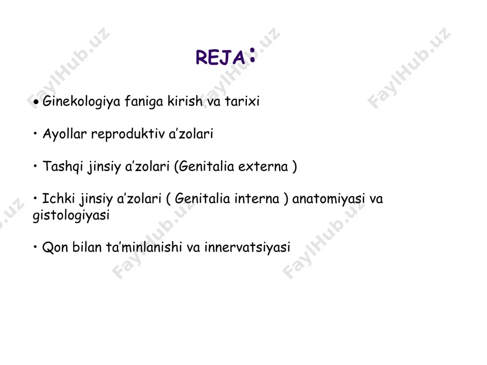 uzal osteoporoz ▪️boshqa vaginal kasalliklar ➖yuqorida sanab o'tilganlar bilan aynan ginekologiya shug'ullanadi. female genital organs ayollar reproduktiv a'zolari(organa genitalia feminina) tashqi va ichkiga bo'linadi genitalia externa et interna i. tashqi jinsiy a’zolar a. mons pubis (qov do’ngligi) b. labia majora pudendi (katta jinsiy lablar) c. labia minora pudendi (kichik jinsiy lablar) d. glandulae vestibulares majores et minores (kata va kichik dahliz bezlar) e. bulbus vestibuli (dahliz piyozchasi) f.clitoris (klitor) g. hymen h. mamma, glandula mammaria (sut bezlari) ii. ichki jinsiy a’zolar a. ovarium (tuxumdon) b. uterus (bachadon) c. tuba uterina (bachadon nayi) d. vagina (qin) • juft, ayollik jinsiy bezlari • funksiyasi: - tuxum hujayralar hosil bo’lishi va yetilishi - ayollik jinsiy gormonlari hosil bo’lishi ovarium golotopiya: • kichik chanoq bo’shlig’ida • fossa ovarica (tuxumdon chuqurchasi) da joylashgan fossa ovarica chegaralari: • yuqoridan – a/v. iliacae externae • pastdan – a. umblicalis • olddan – lig. latum uteri ning orqa …
