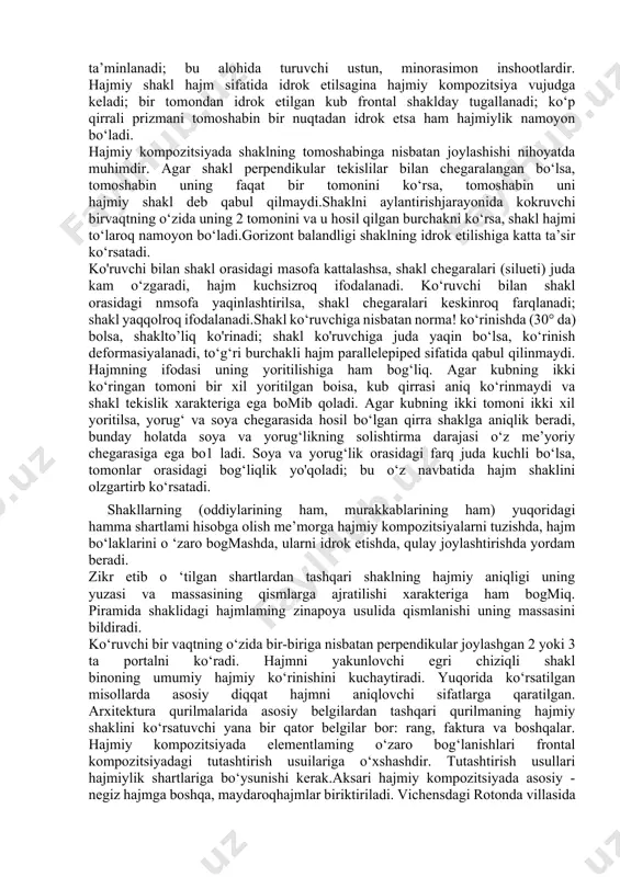 o‘rtasi ichkariga kirgan shaklda ham bo‘lishi mumkin. aksari frontal kompozitsiyali binoning tarzi maydonga yoki ko‘chaga qaratiladi. namozgohlar arxitekturasi frontal kompozitsiyaning yorqin namunasidir. masalan, toshkent namozgohi (hazrati imom majmuasi), buxoro namozgohi. buxoro namozgohining dastlabki xi asrdagi holati ham, xvi asrdagi holati ham frontal kompozitsiyani beradi. oddiy frontal kompozitsiyali bino ko‘proq to ‘g‘ri to‘rtburchaklardan tashkil topadi. bunga misol qilib voskresonnada (fransiyada) arx. korbyuzye qurgan villa tarzini keltirish mumkin. frontal kompozitsiyani tuzish qator shartlarga bog‘liqki, uiar frontal kompozitsiyaning ta’sirchanligini ta’minlaydi: - frontallik uchun yuzaning bo‘yi eniga nisbatan nyuans munosabatda bo‘lishi; - frontal yuzalar kolproq to‘g‘ri to‘rtburchakli siluetga ega bomishi; -frontal yuzaning qisimlarga bominishlari; -frontal yuza vertikal, gorizantal chiziqlarga ega bo‘lishi bilan ajralib turadi. egri chiziqli bo'linishlar frontallikni buzadi.frontal kompozitsiyada uning elementlari bir yuzada joylashishi yokiko‘zga uncha tashlanmaydigan relyef hosil qilishi mumkin.agar elementlar ichkariga ko'proq kirib ketsa, frontallik buziladi. frontallikni saqlash shartlaridan biri elem entlar yuzasidagi rang, faktura, yorug‘-soya, relyef kabi sifatlarning muvozanatda bomishidir. …