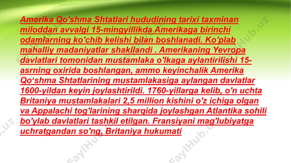 di. amerika qoʻshma shtatlari (aqsh; inglizcha: united states of america, usa), qoʻshma shtatlar (inglizcha: united states) yoki shunchaki amerika (inglizcha: america) shimoliy amerikadagi mamlakatdir. poytaxti — vashington shahri, birlashgan millatlar tashkiloti aʼzosi. aqsh sharqdan atlantika, gʻarbdan tinch okeani, janubi-sharqdan meksika qoʻltigʻi bilan oʻralgan. maʼmuriy jihatdan 50 shtat va bir federal okrugga boʻlinadi. alyaska va gavayi shtatlari mamlakat asosiy hududidan tashqarida joylashgan. puerto-riko hamdoʻstligi, shimoliy mariana orollari hamdoʻstligi, guam, virginiya orollari va amerika samoasi ham aqshga qarashli. maydoni — jami 9833520 million km2. aholisi 334 million kishidan oshiq boʻlib, aholi soni boʻyicha jahonda uchinchi oʻrinda turadi. atlantika okeanining aqsh qirgʻogʻida koʻrfaz va qoʻltiqlar juda koʻp, sohillari asosan pasttekislikdan iborat; eng katta yarim orol — florida. mamlakat relyefi uch turga boʻlinadi. gʻarbdagi kordilyera togʻ tizmasi aqsh hududining uchdan bir qismini egallaydi. tinch okean sohili baland togʻlar (alyaska tizmasida aqsh va butun — 6194 m balandlikdagi mak-kinli choʻqqisi joylashgan; bundan tashqari qirgʻoqboʻyi tizmalari …