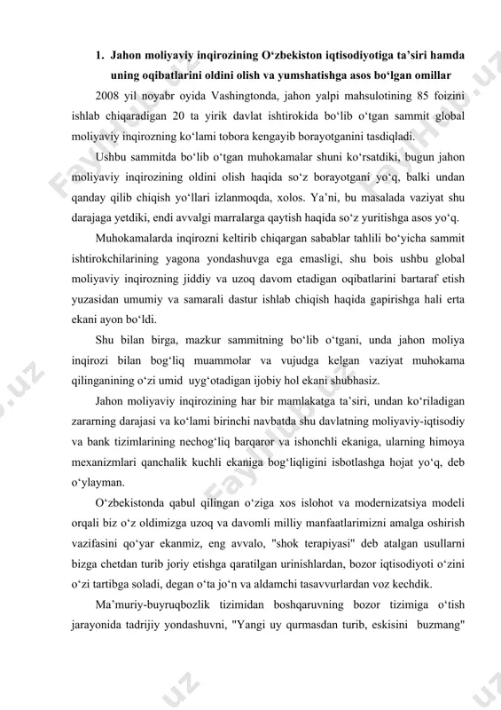 ish, kuzatish qiyin emas. o‘zbekiston o‘zining mustaqil taraqqiyoti davrida qisqa muddatli spekulyativ kreditlardan voz kechib, chet el investitsiyalarini uzoq muddatli va imtiyozli foiz stavkalari bo‘yicha jalb etish tamoyiliga doimo amal qilib kelmoqda. shuni ham qayd etishni istardimki, qarzni o‘z vaqtida qaytara olishga qat’iy ishonchimiz va kafolatimiz bo‘lmagan paytlarda muayyan loyihalarni kreditlash bo‘yicha ayrim takliflardan voz kechgan holatlarimiz ham bo‘ldi. tijorat banklarimizning tashqi majburiyatlar bo‘yicha to‘lovlarining holati va hajmi masalasi bo‘yicha so‘z yuritganda hech qanday xavotirga o‘rin yo‘q. bu ham respublikamiz bank tizimi jahon moliyaviy inqirozining salbiy ta’siri va oqibatlaridan ishonchli tarzda himoyalanganini ko‘rsatadi. o‘zbekiston o‘zining ishonchli va to‘lov qobiliyatiga ega hamkor ekanini, mamlakatimizda chet el sarmoyasini jalb etish bo‘yicha har tomonlama qulay shart-sharoitlar yaratilganini amalda isbotlamoqda. umuman, 2019 yilda mamlakat iqtisodiyotiga kiritiladigan xorijiy va ichki investitsiyalarni hisobga olganda, kapital qo‘yilmalarning umumiy hajmi mamlakatimiz yalpi ichki mahsulotining kamida 25 foizini tashkil etadi. aholining ish haqi va daromadlarini izchil va oldindan oshirib …