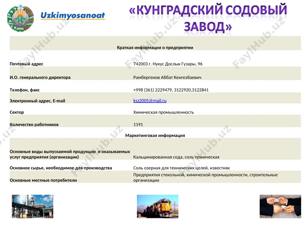 низированный основное сырье, необходимое для производства фосмука, серная кислота, аммиак основные местные потребители сельское хозяйство, предприятия химической отрасли и других отраслей промышленности основные импортеры продукции таджикистан, киргизия краткая информация о предприятии почтовый адрес 706800, республика узбекистан, навоийская область г. навои -5 руководитель предприятия ботиров бахтиер баратович телефон, факс тел: +998 (436 22) 9-22-04 факс: +998 (436 22) 3-75-80 веб сайт http://www.navoiyazot.uz/ электронный адрес, e-mail departmarket@yandex.ru nazotves@uzpak.uz сектор химическая промышленность юридический статус открытое акционерное общество количество работников 10400 маркетинговая информация основные виды выпускаемой продукции и оказываемых услуг предприятия (организации) аммиачная селитра, сульфат аммония, волокно нитрон, уксусная кислота, цианистый натрий, азотная кислота, двуокись углерода, карбонат лития, метанол технический, соляная кислота, полиакриламид, аргон газообразный, формалин, хлор жидкий, унифлок, смолы, ацетилен и другие основное сырье, необходимое для производства красители катионные, катализаторы, сорбиталь, сорбитан, гидроксинон, моноэтаноламин, сода кальцинированная, соль техническая, порофор, спирт изопропиловый, эфир диизопропиловый, кислота итаконовая, железный купорос, сера, термолан, триамон основные местные потребители …